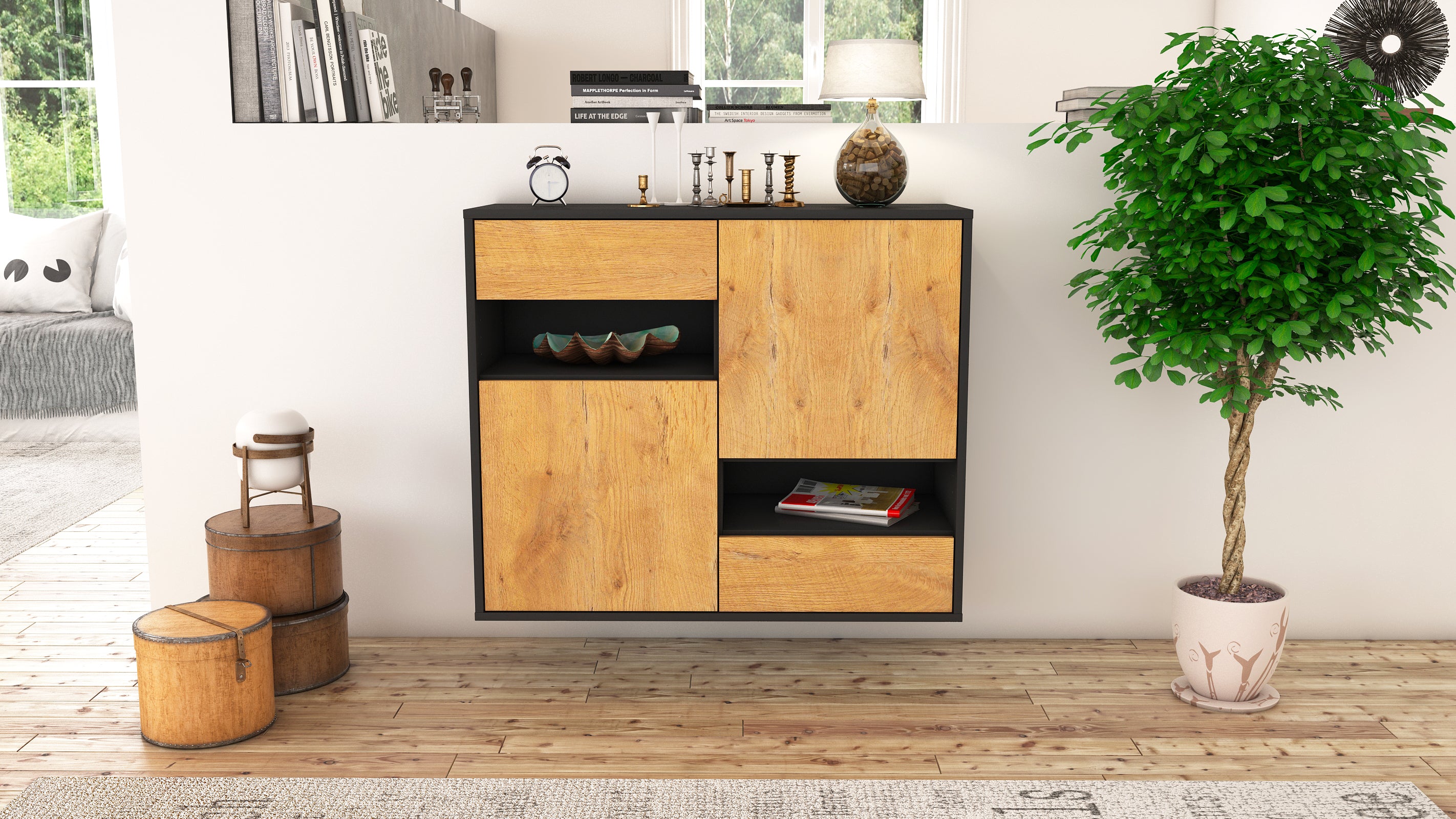 Sideboard - Carmelina - Design Holzdekor - Wandmontiert mit Push to open  92 cm Anthrazit