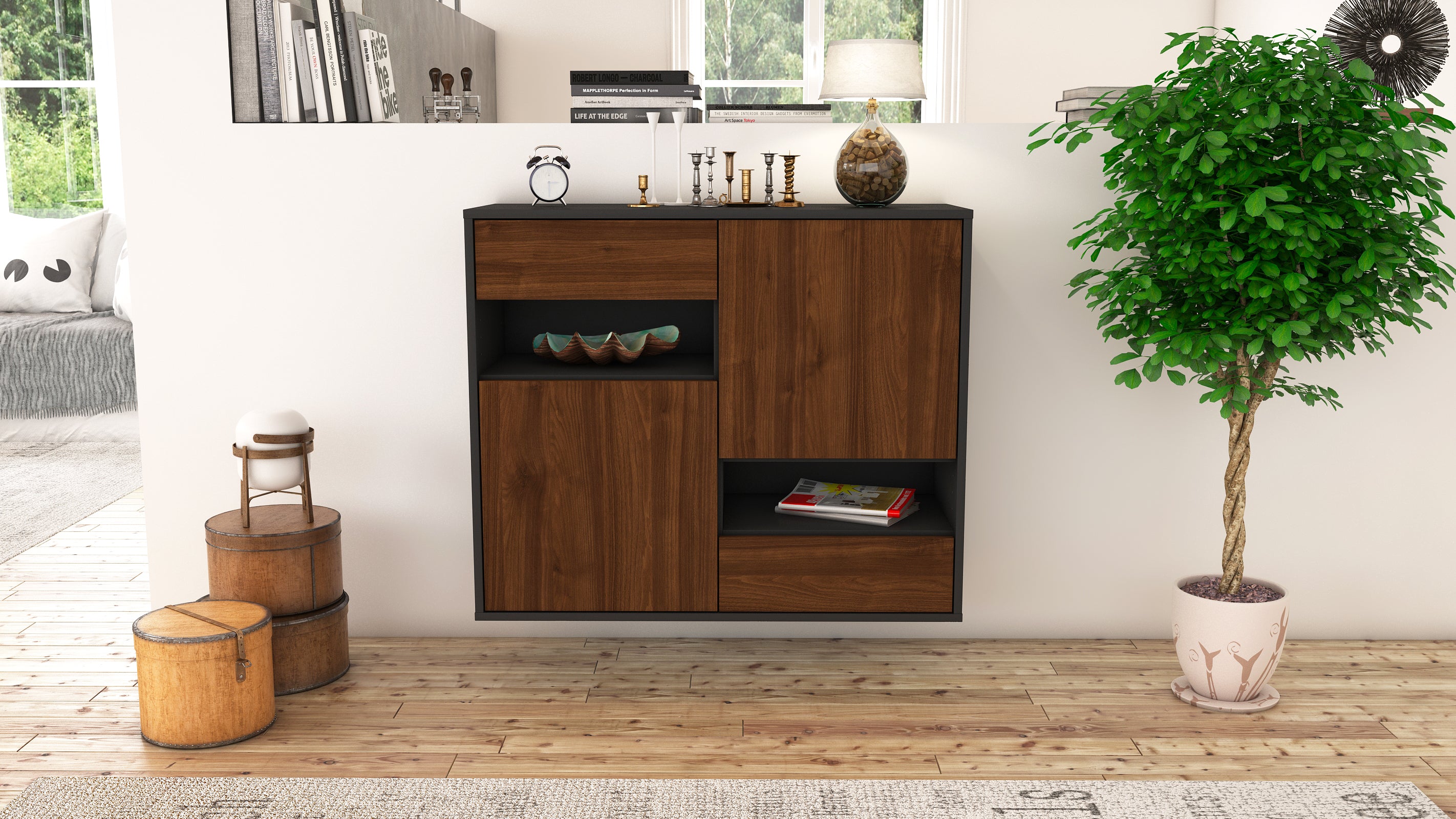 Sideboard - Carmelina - Design Holzdekor - Wandmontiert mit Push to open  92 cm Anthrazit