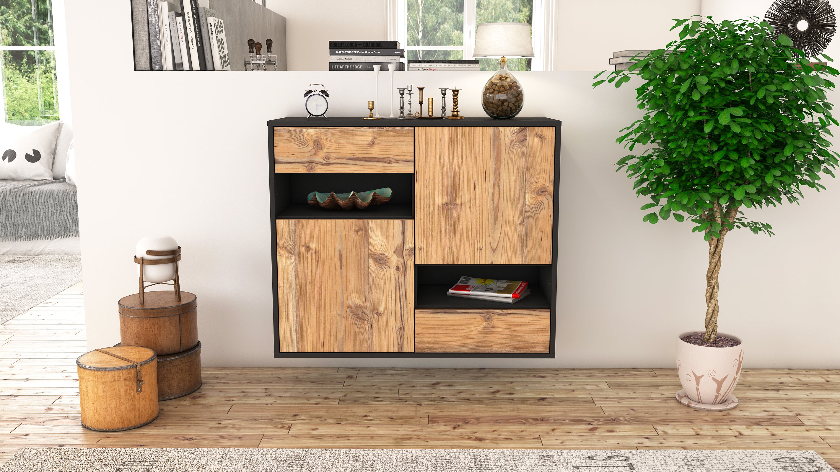Sideboard - Carmelina - Design Holzdekor - Wandmontiert mit Push to open  92 cm Anthrazit
