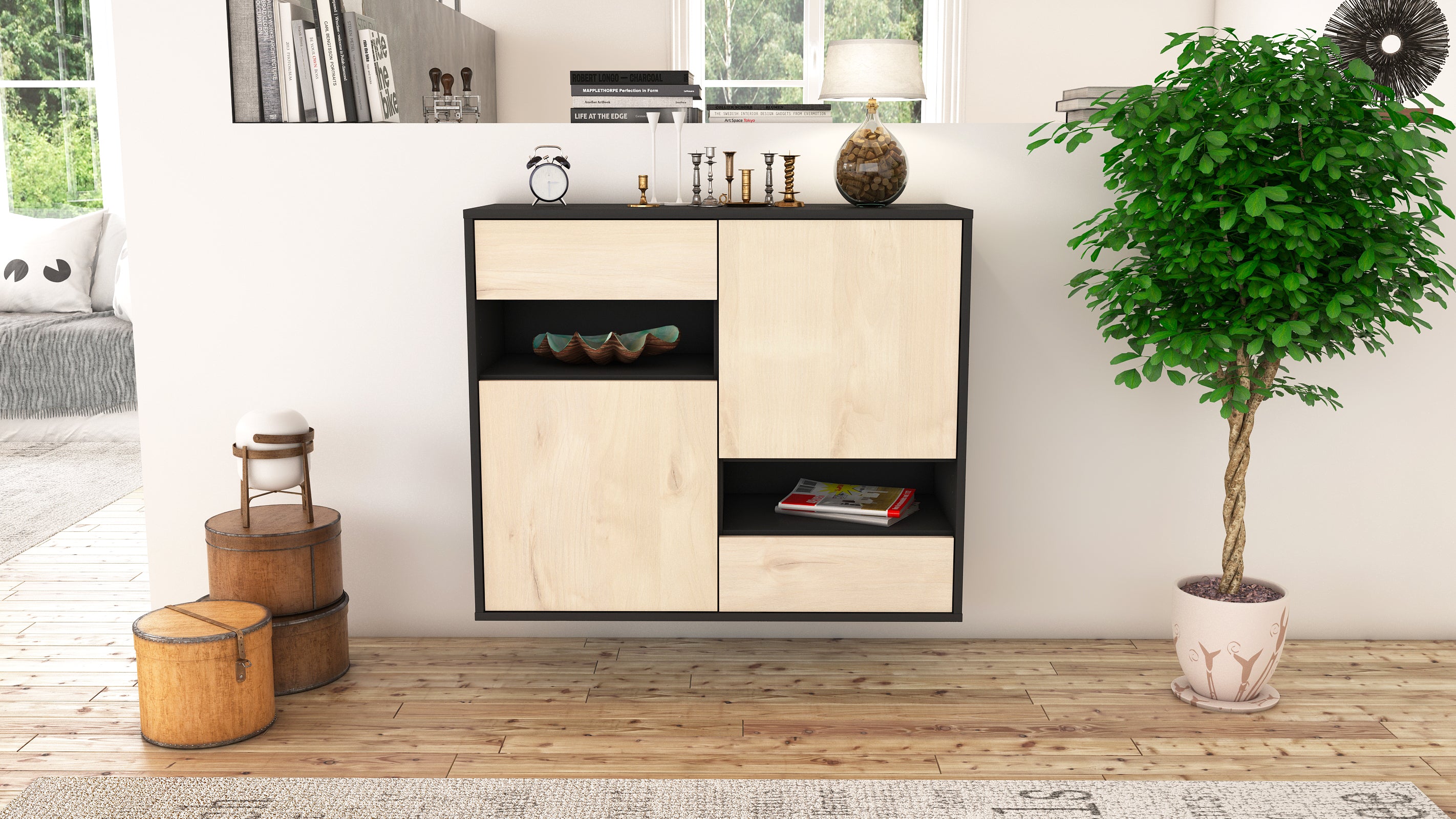 Sideboard - Carmelina - Design Holzdekor - Wandmontiert mit Push to open  92 cm Anthrazit