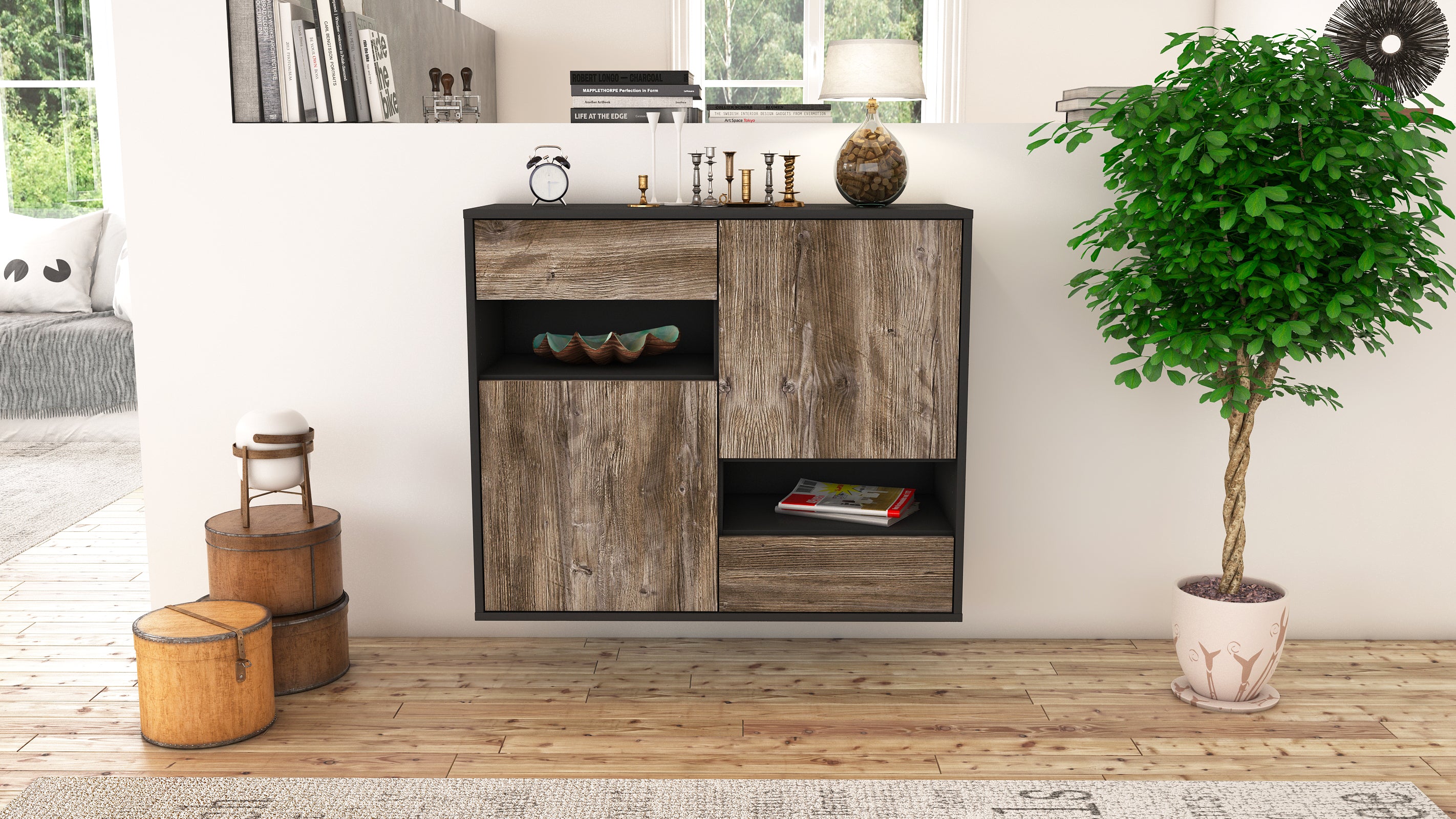Sideboard - Carmelina - Design Holzdekor - Wandmontiert mit Push to open  92 cm Anthrazit