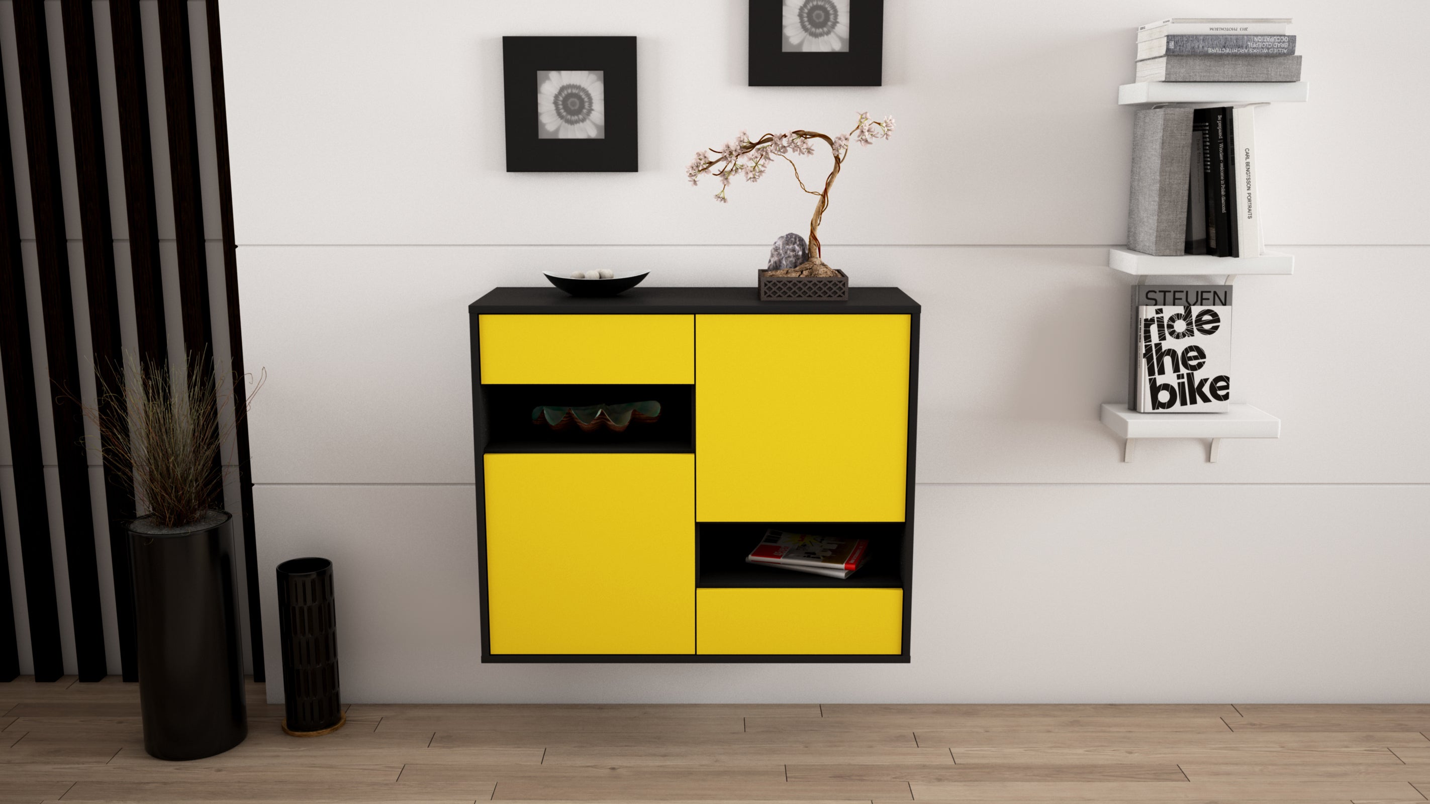 Sideboard - Carmelina - Design Farbakzent - Wandmontiert mit Push to open  92 cm Anthrazit