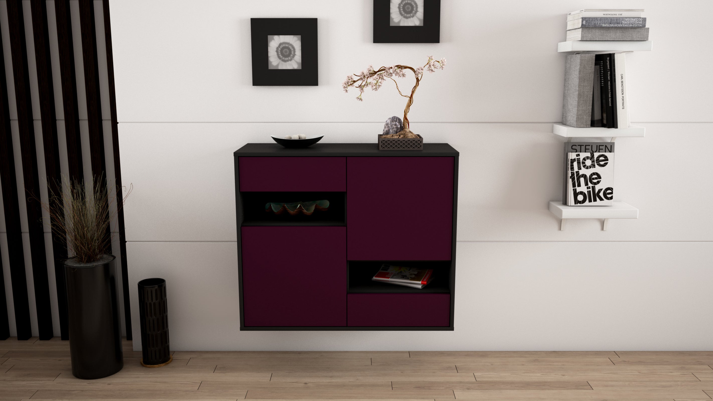 Sideboard - Carmelina - Design Farbakzent - Wandmontiert mit Push to open  92 cm Anthrazit