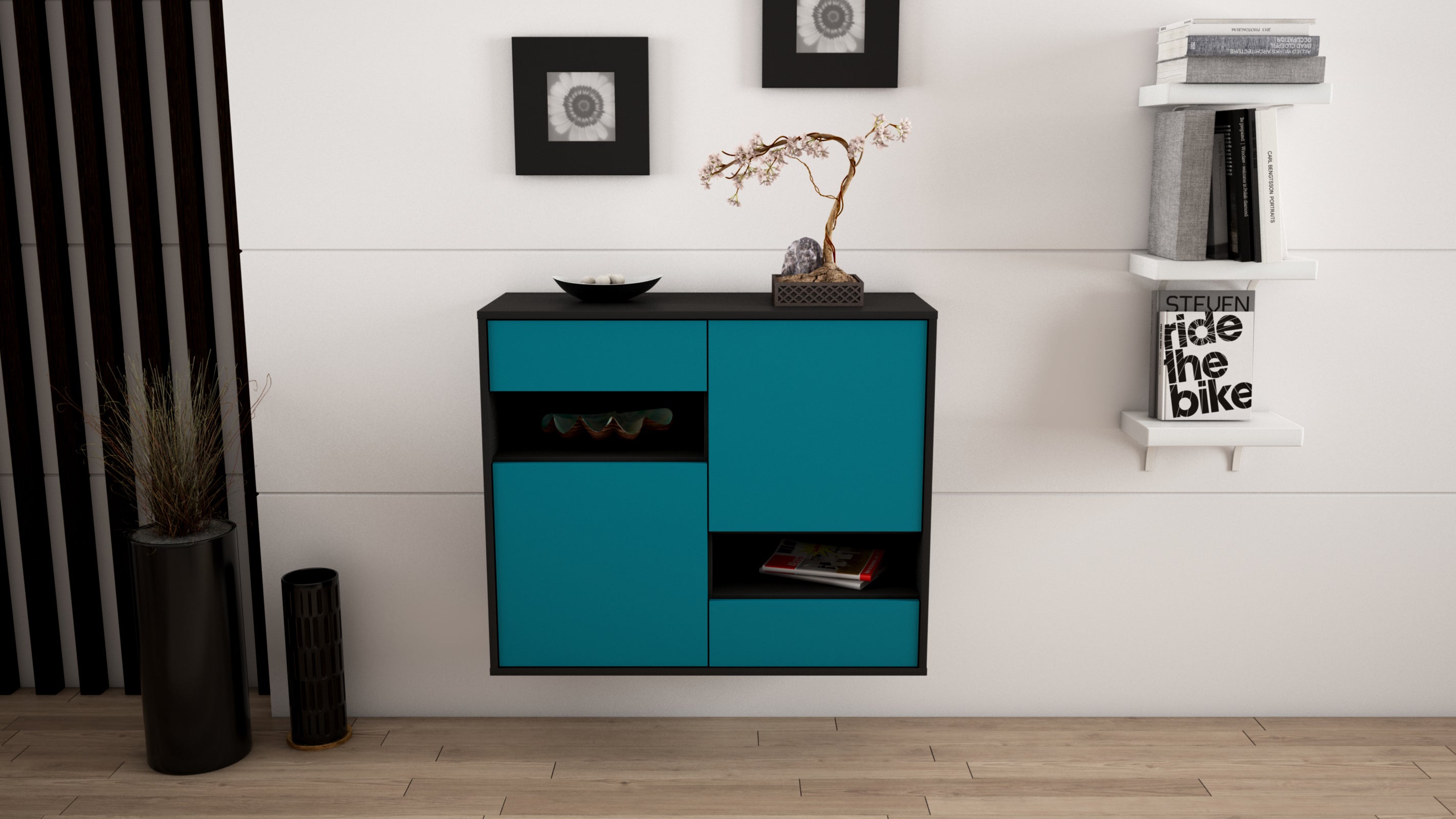 Sideboard - Carmelina - Design Farbakzent - Wandmontiert mit Push to open  92 cm Anthrazit