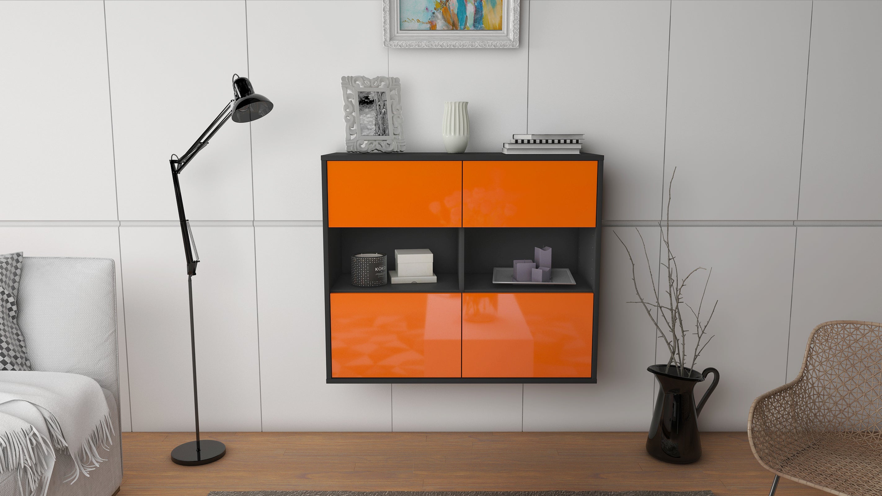 Sideboard - Carmen - Design Hochglanz - Wandmontiert mit Push to open  92 cm Anthrazit