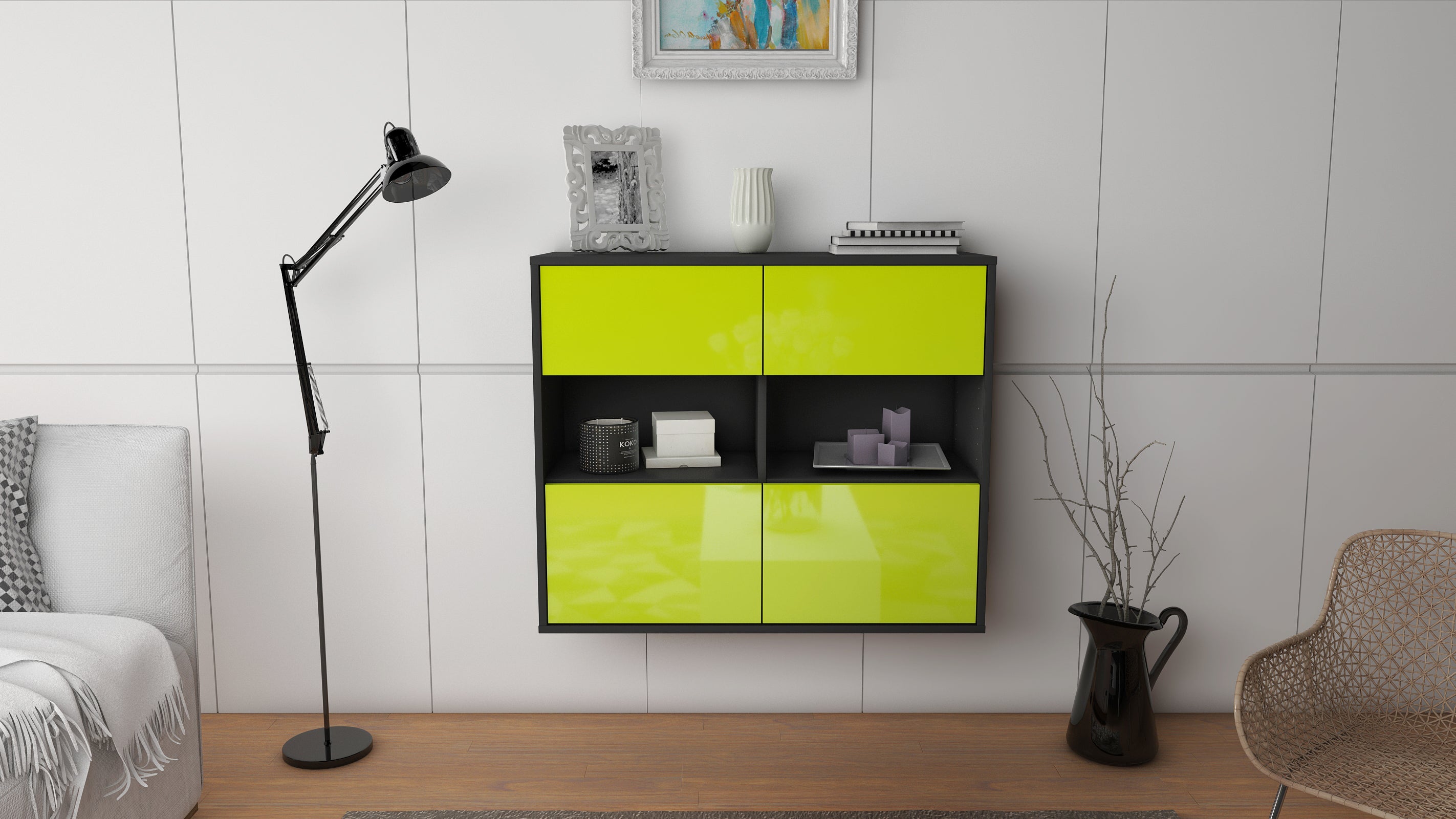 Sideboard - Carmen - Design Hochglanz - Wandmontiert mit Push to open  92 cm Anthrazit