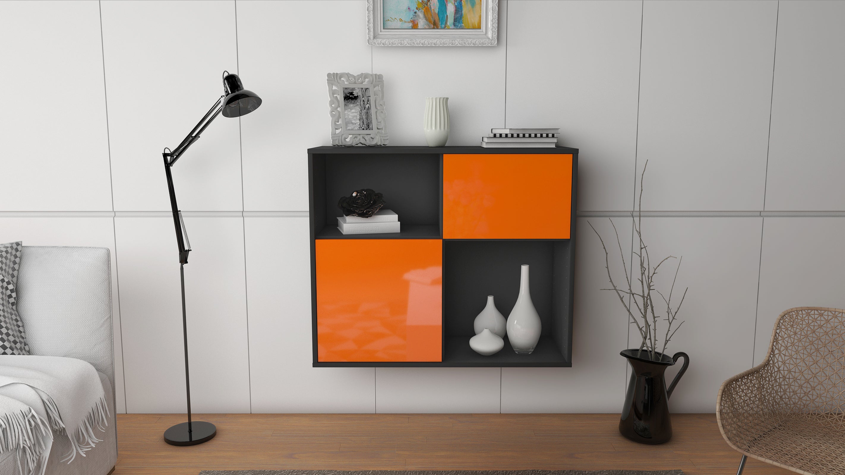 Sideboard - Carola - Design Hochglanz - Wandmontiert mit Push to open  92 cm Anthrazit