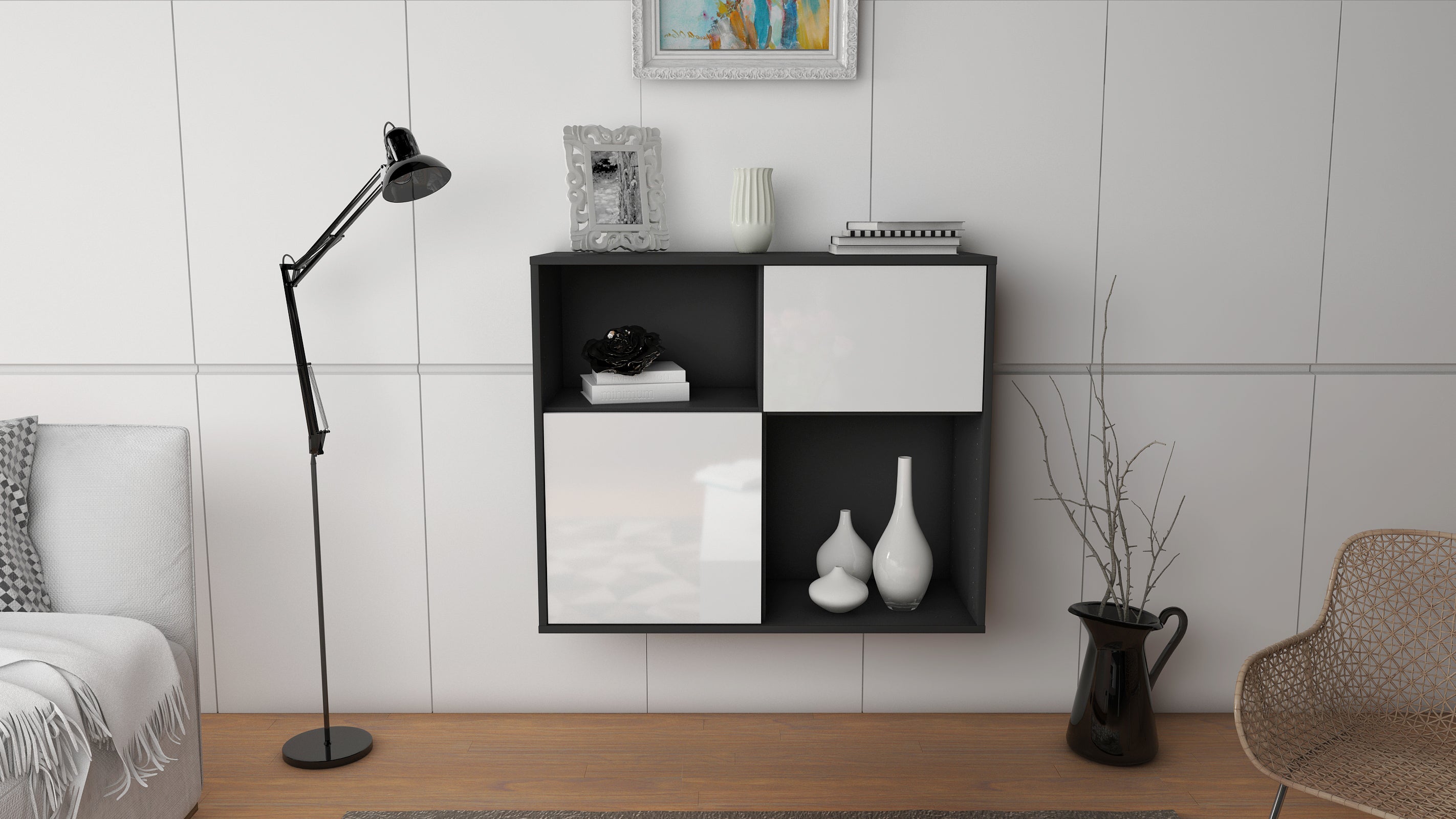 Sideboard - Carola - Design Hochglanz - Wandmontiert mit Push to open  92 cm Anthrazit