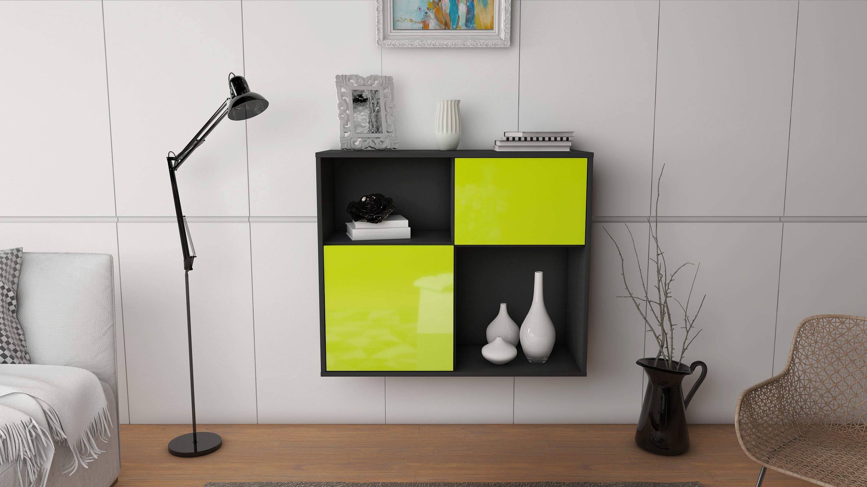 Sideboard - Carola - Design Hochglanz - Wandmontiert mit Push to open  92 cm Anthrazit