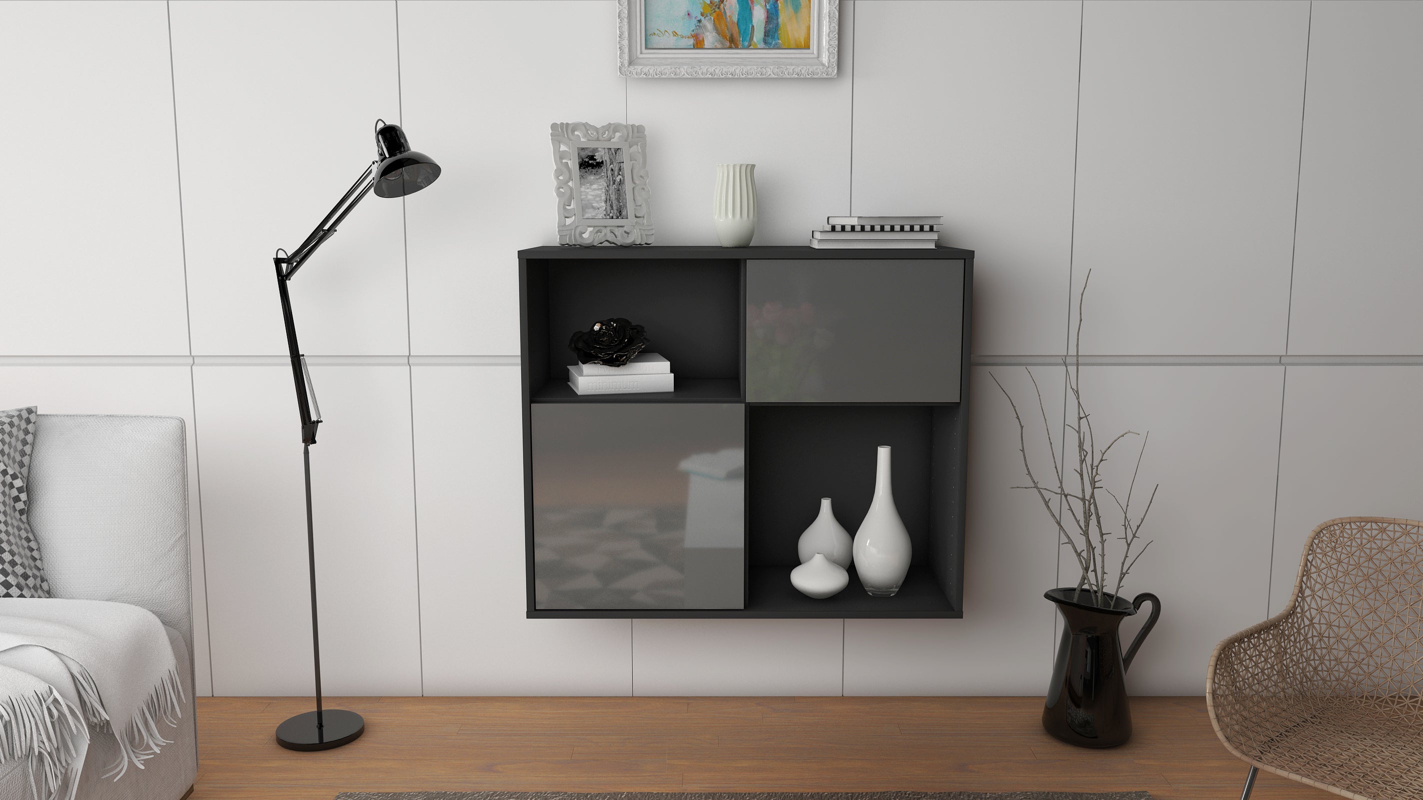 Sideboard - Carola - Design Hochglanz - Wandmontiert mit Push to open  92 cm Anthrazit