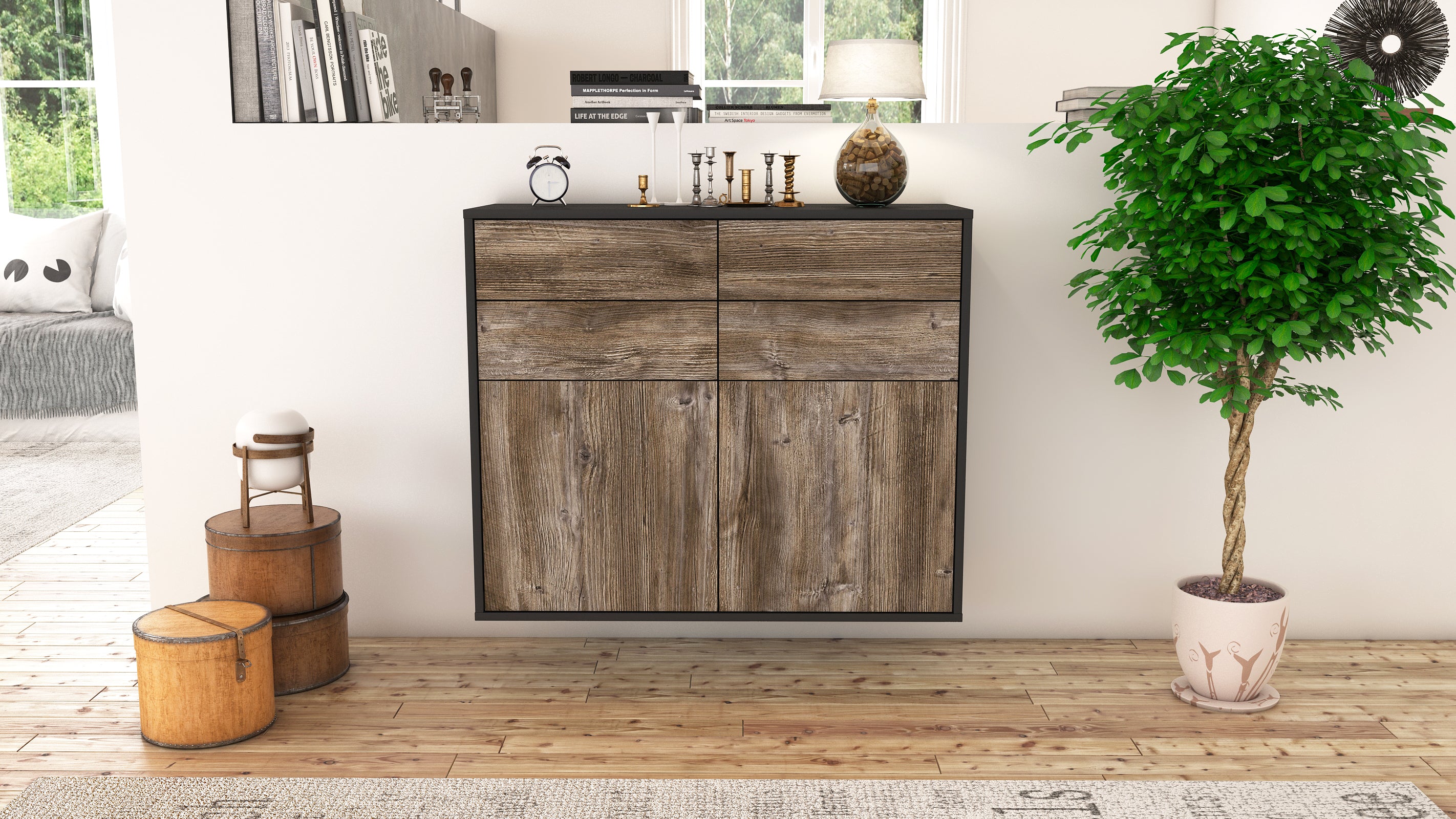 Sideboard - Celia - Design Holzdekor - Wandmontiert mit Push to open  92 cm Anthrazit