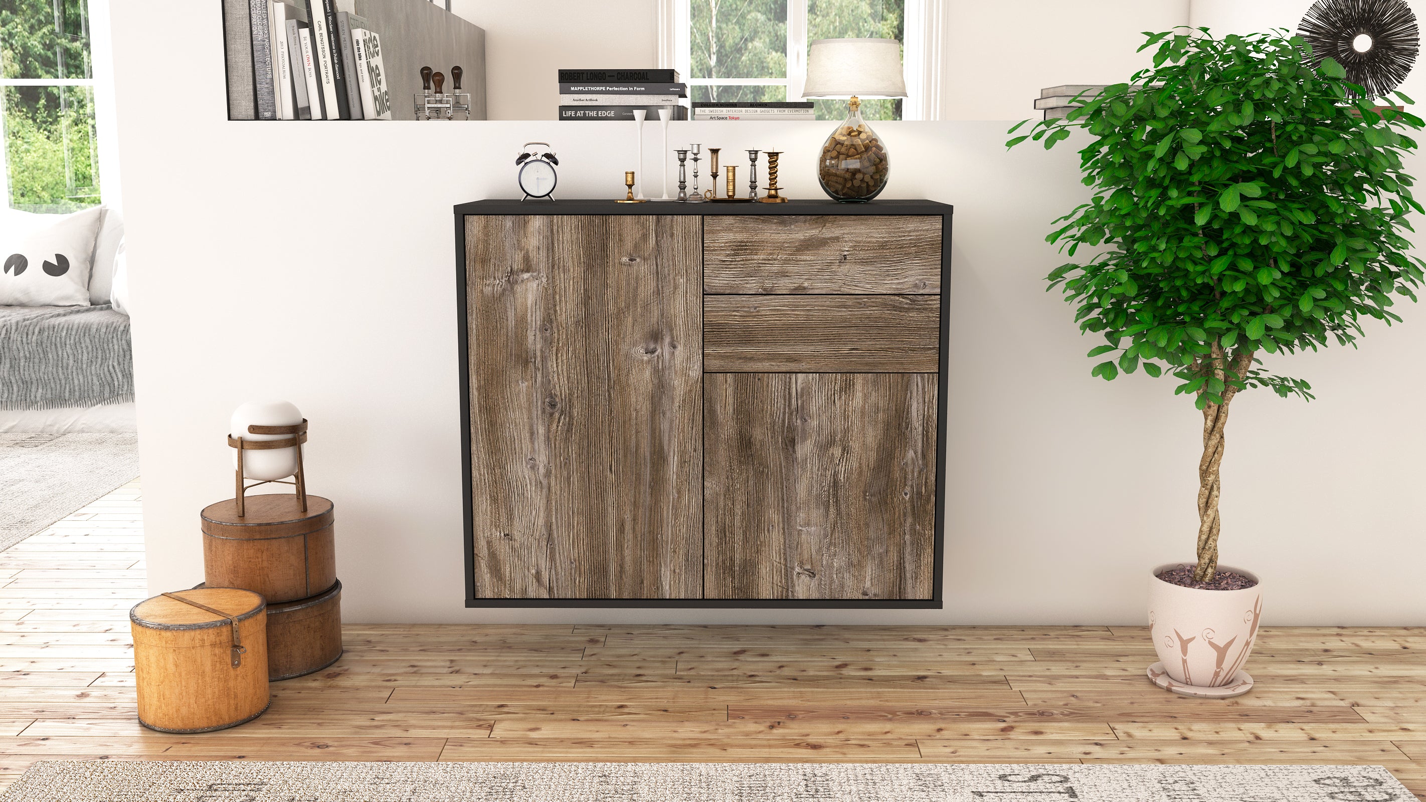 Sideboard - Chantal - Design Holzdekor - Wandmontiert mit Push to open  92 cm Anthrazit