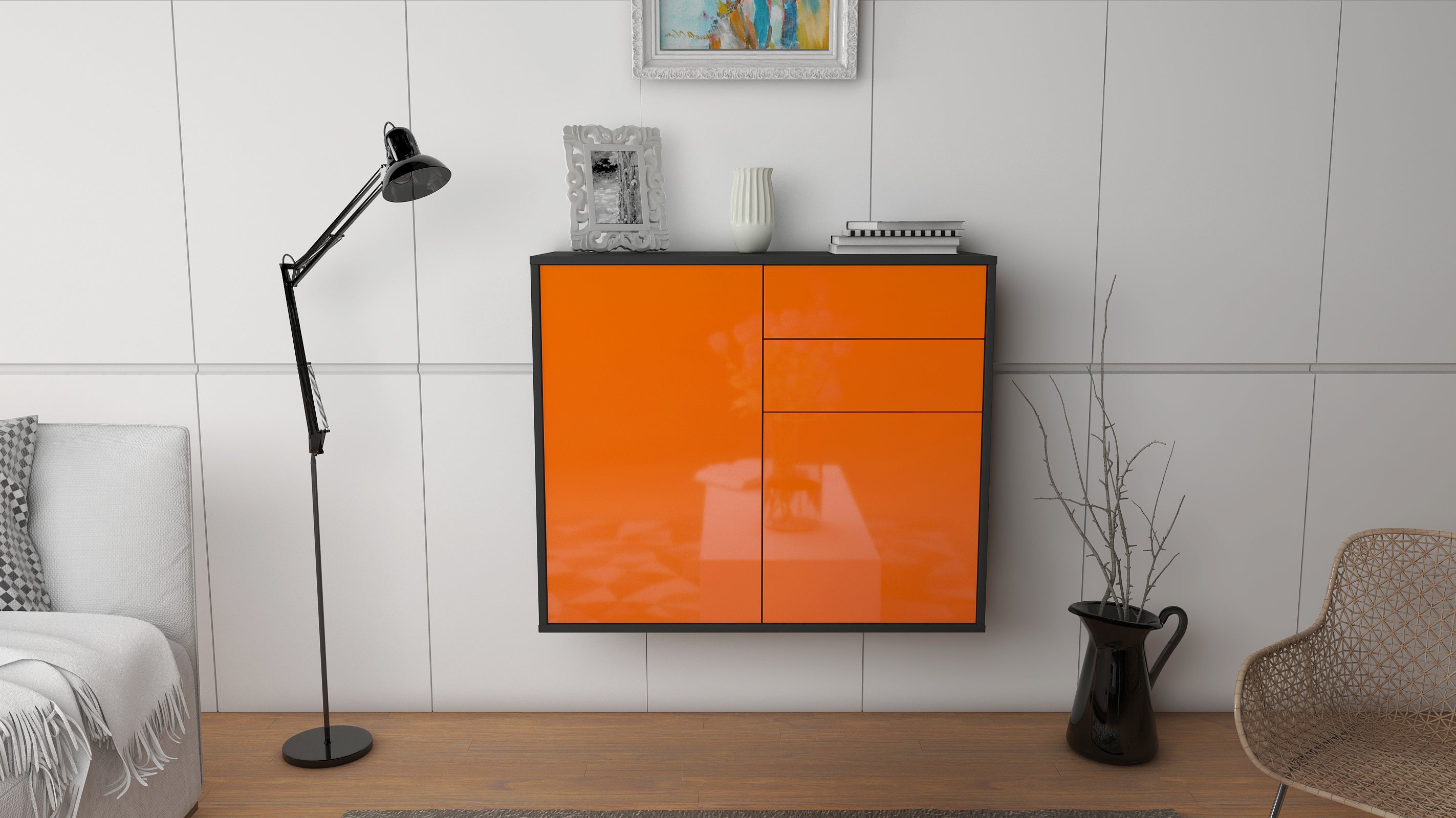 Sideboard - Chantal - Design Hochglanz - Wandmontiert mit Push to open  92 cm Anthrazit