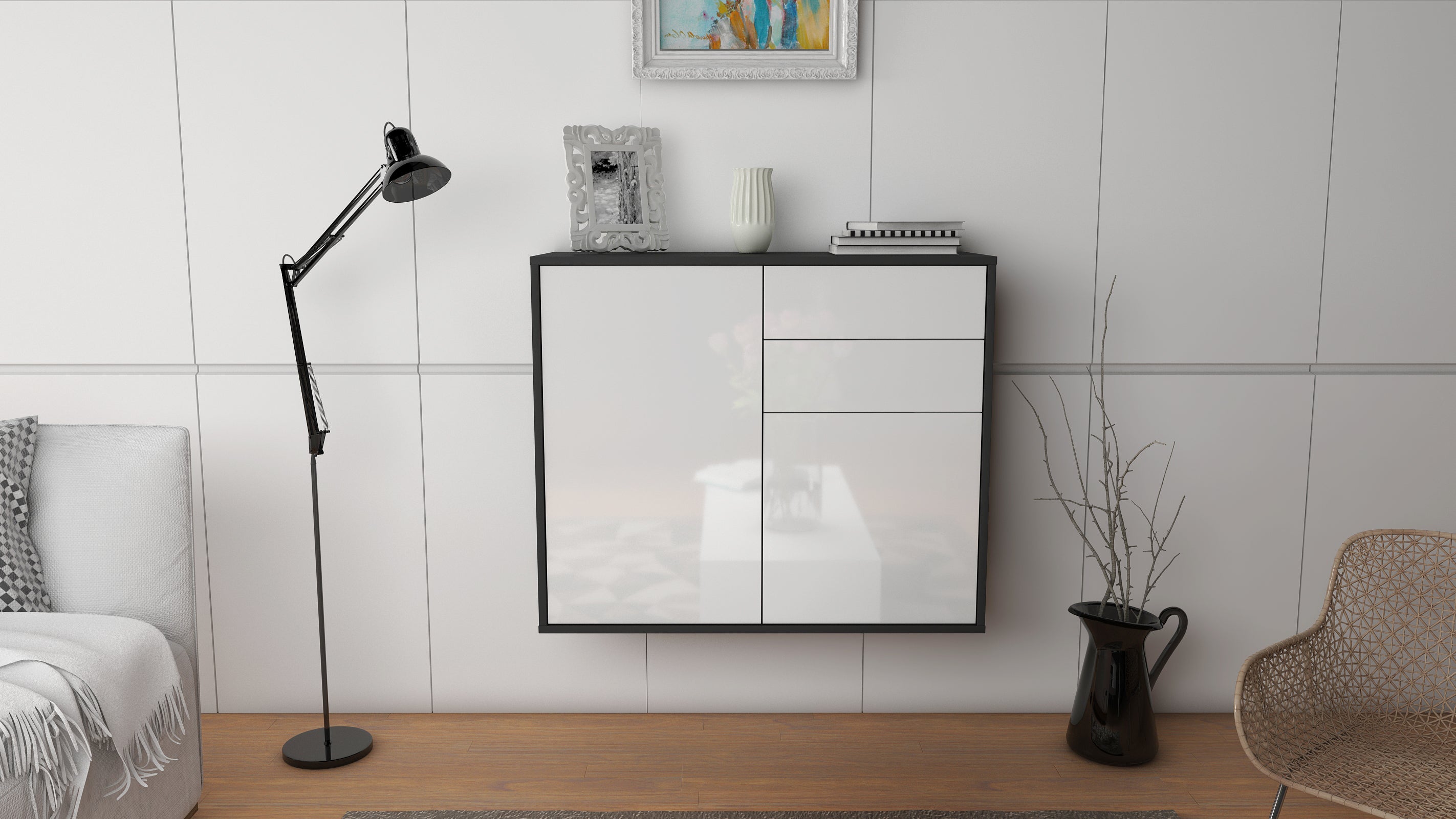 Sideboard - Chantal - Design Hochglanz - Wandmontiert mit Push to open  92 cm Anthrazit