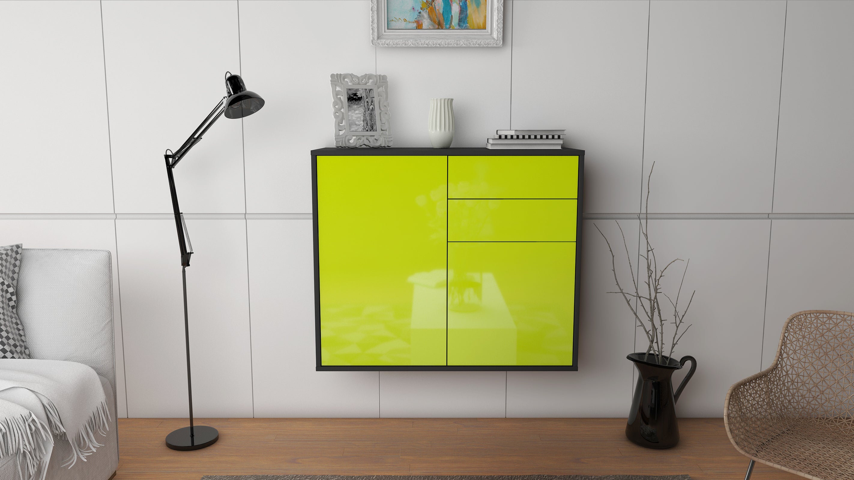 Sideboard - Chantal - Design Hochglanz - Wandmontiert mit Push to open  92 cm Anthrazit