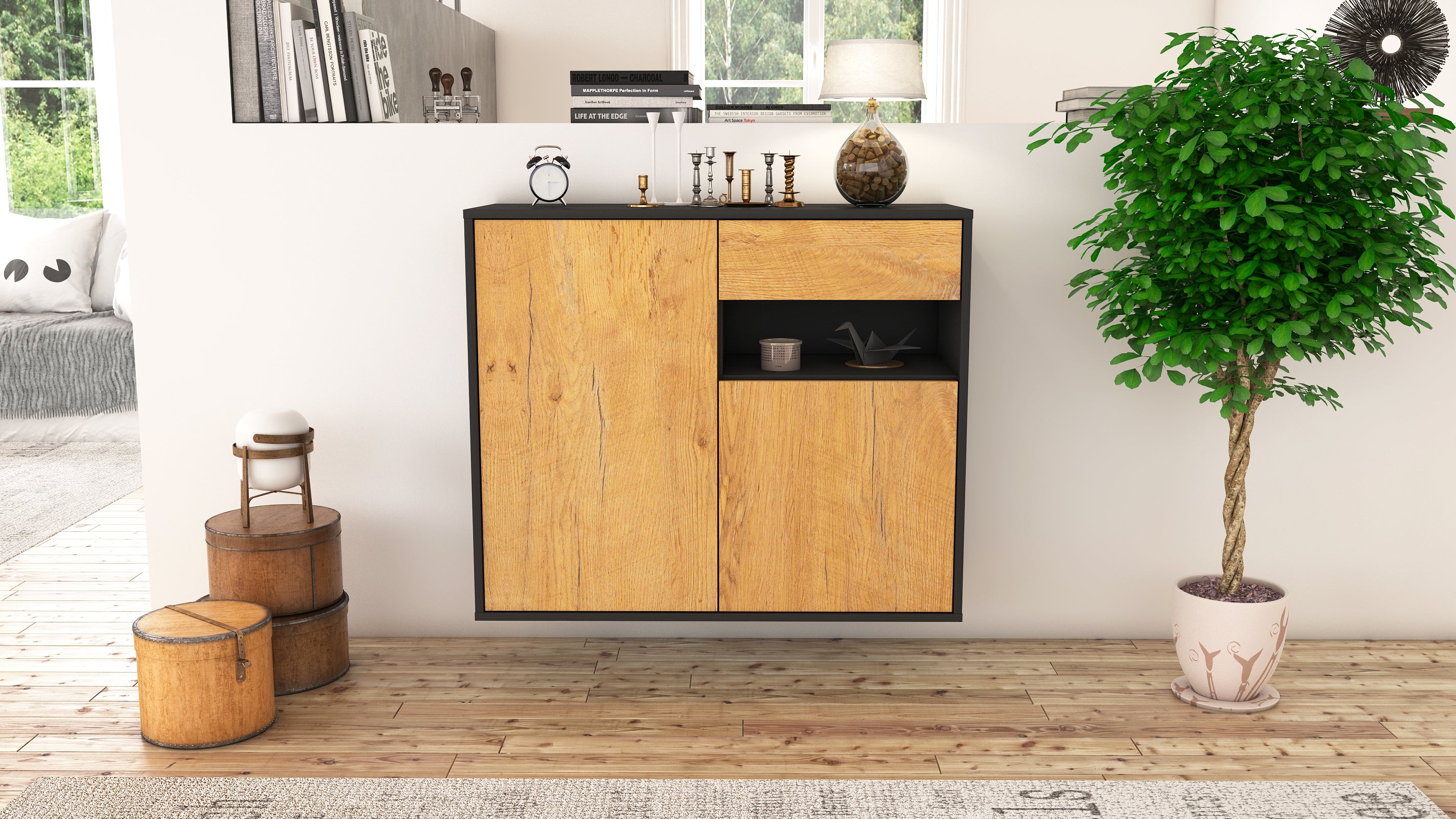 Sideboard - Charlotta - Design Holzdekor - Wandmontiert mit Push to open  92 cm Anthrazit