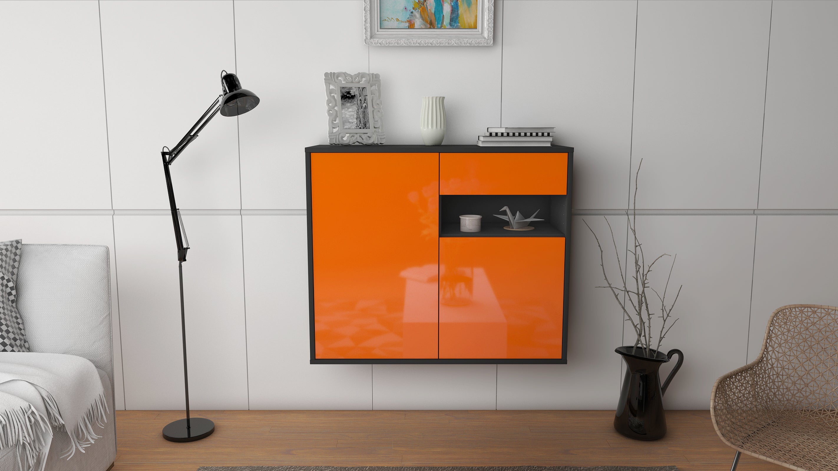 Sideboard - Charlotta - Design Hochglanz - Wandmontiert mit Push to open  92 cm Anthrazit