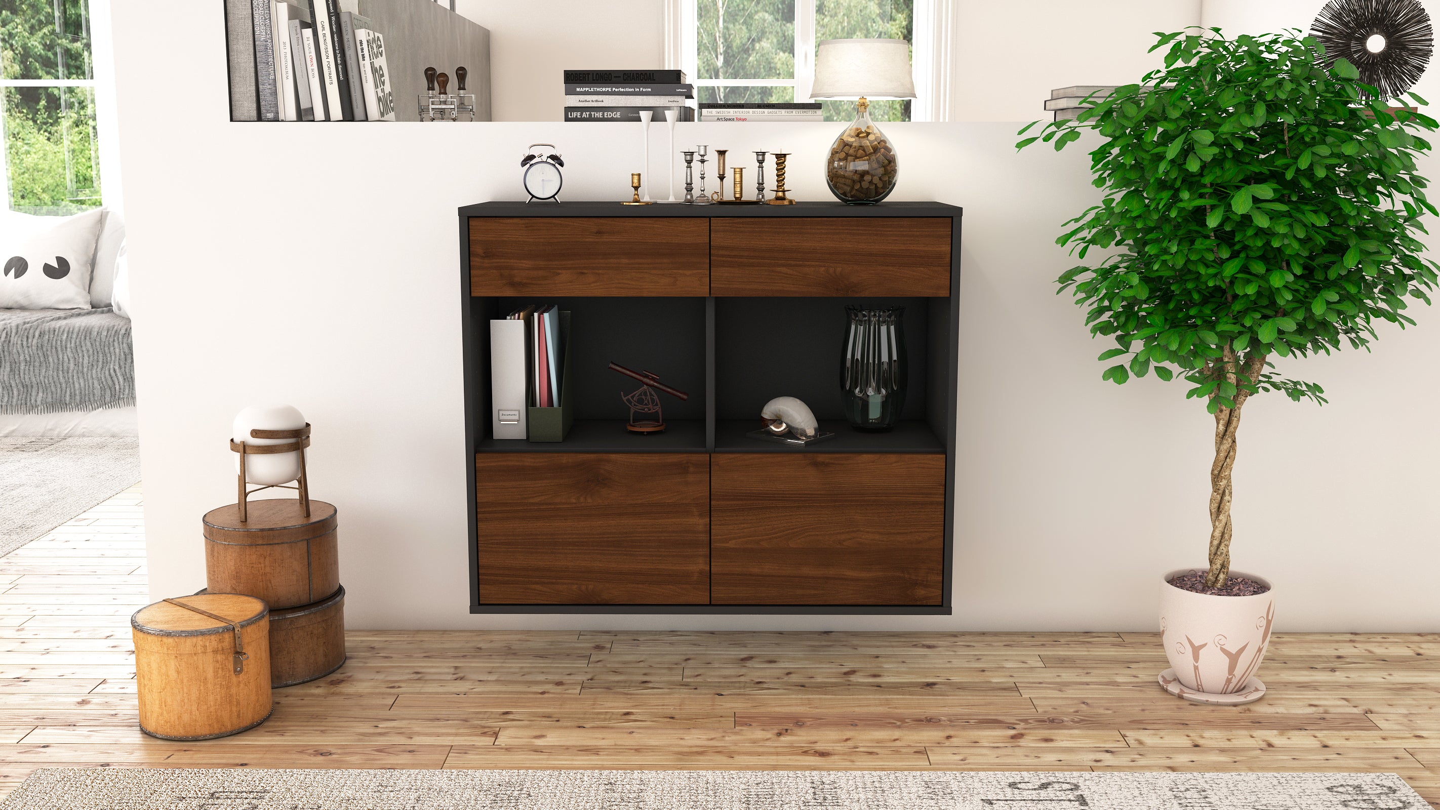 Sideboard - Christina - Design Holzdekor - Wandmontiert mit Push to open  92 cm Anthrazit