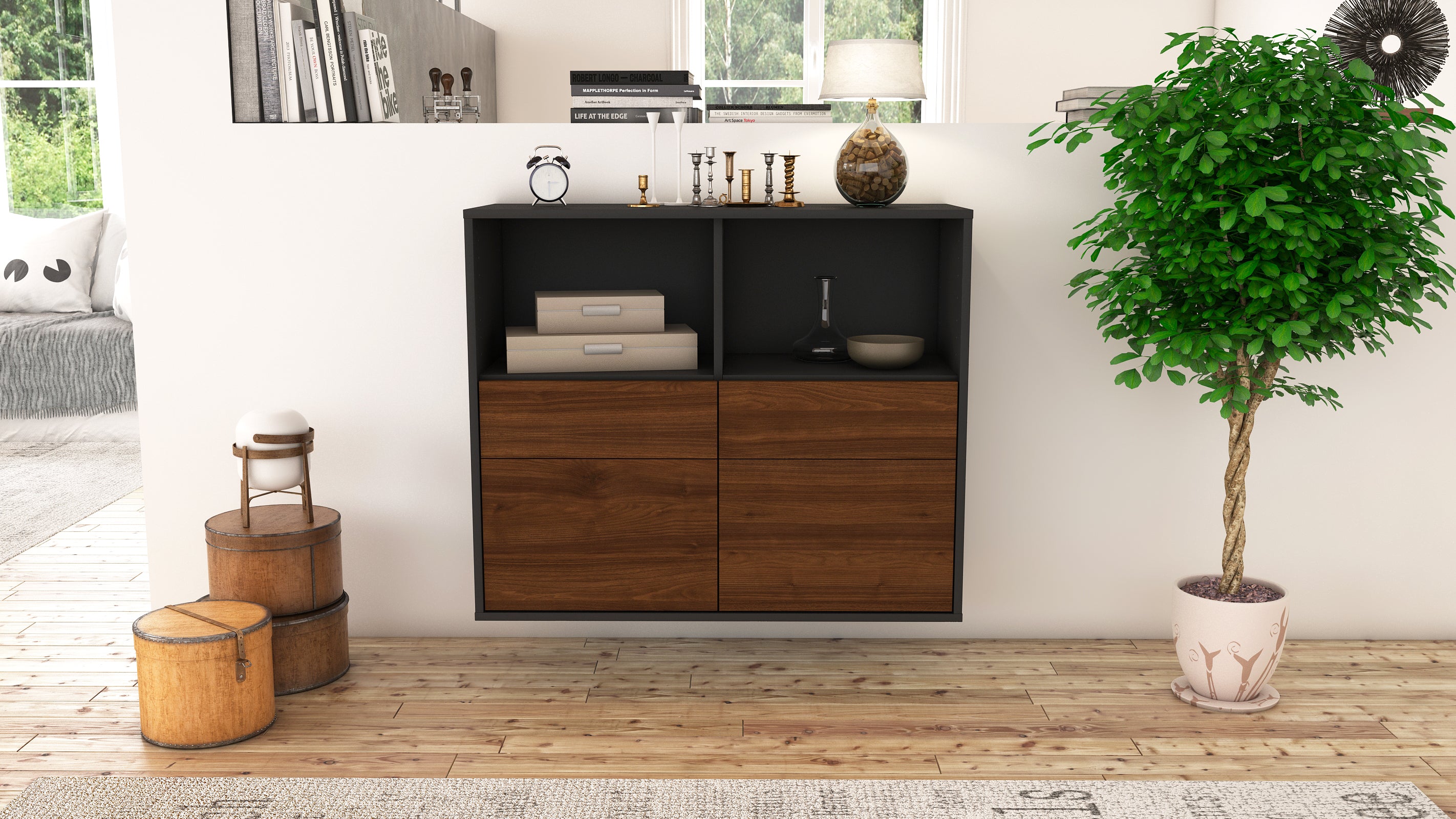 Sideboard - Christine - Design Holzdekor - Wandmontiert mit Push to open  92 cm Anthrazit