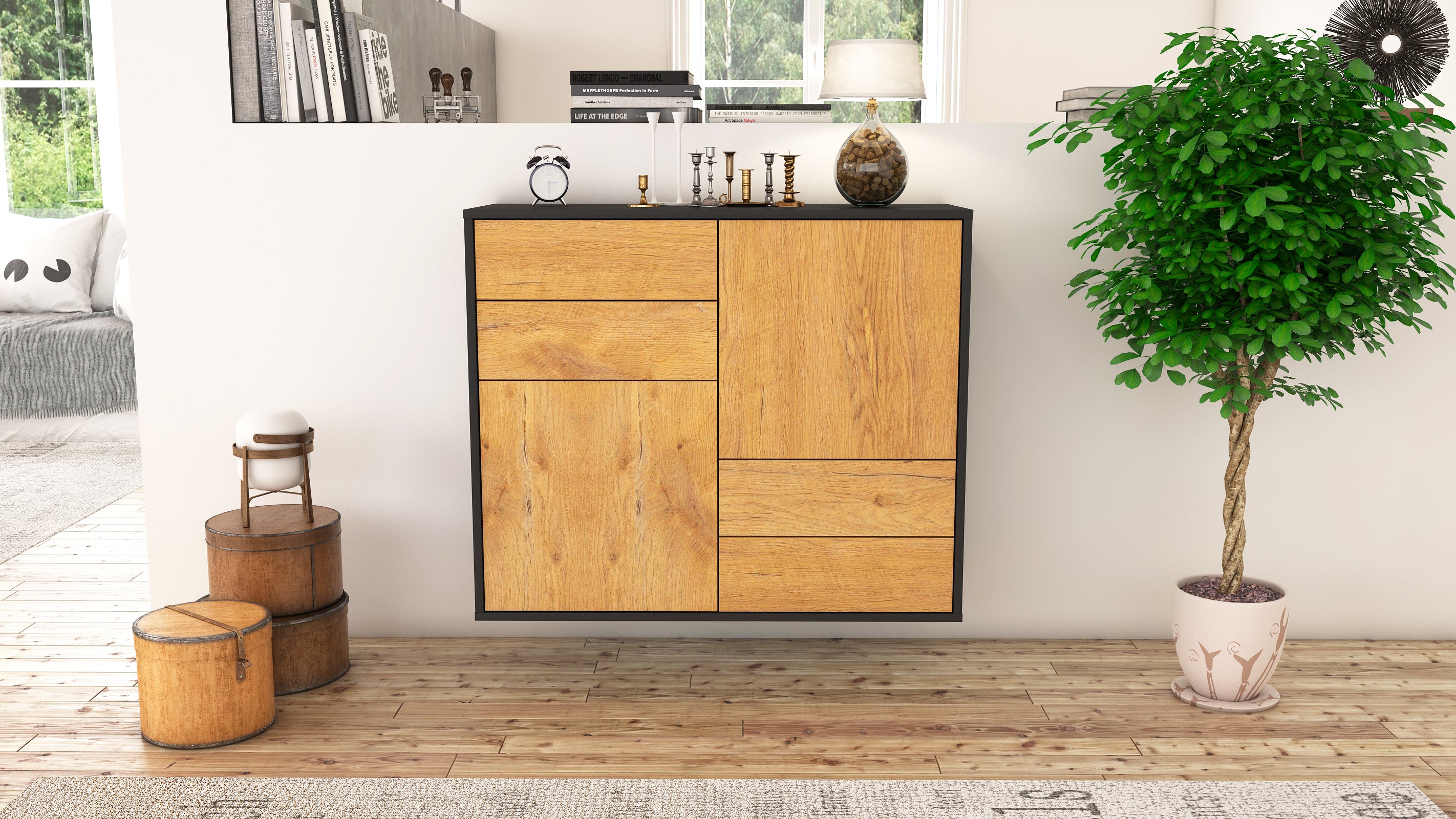 Sideboard - Ciara - Design Holzdekor - Wandmontiert mit Push to open  92 cm Anthrazit