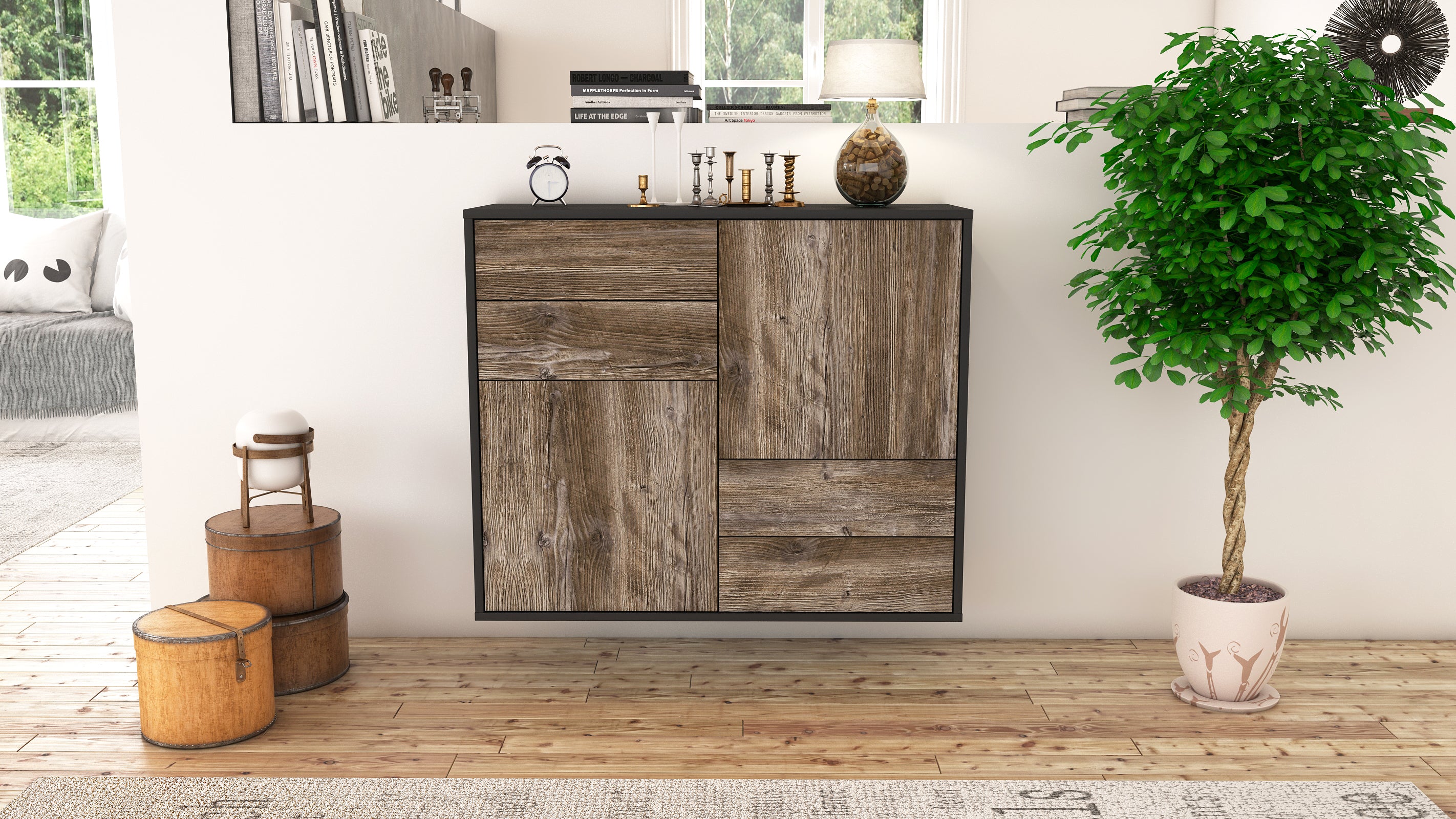 Sideboard - Ciara - Design Holzdekor - Wandmontiert mit Push to open  92 cm Anthrazit