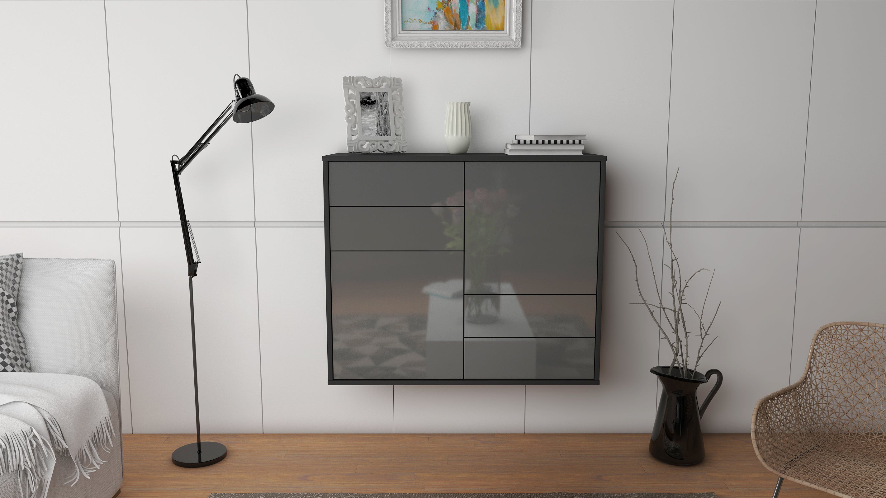 Sideboard - Ciara - Design Hochglanz - Wandmontiert mit Push to open  92 cm Anthrazit