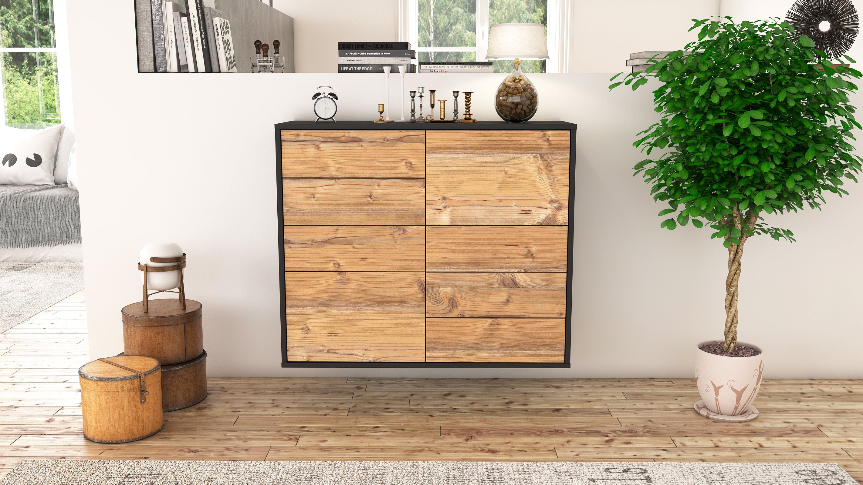 Sideboard - Circe - Design Holzdekor - Wandmontiert mit Push to open  92 cm Anthrazit