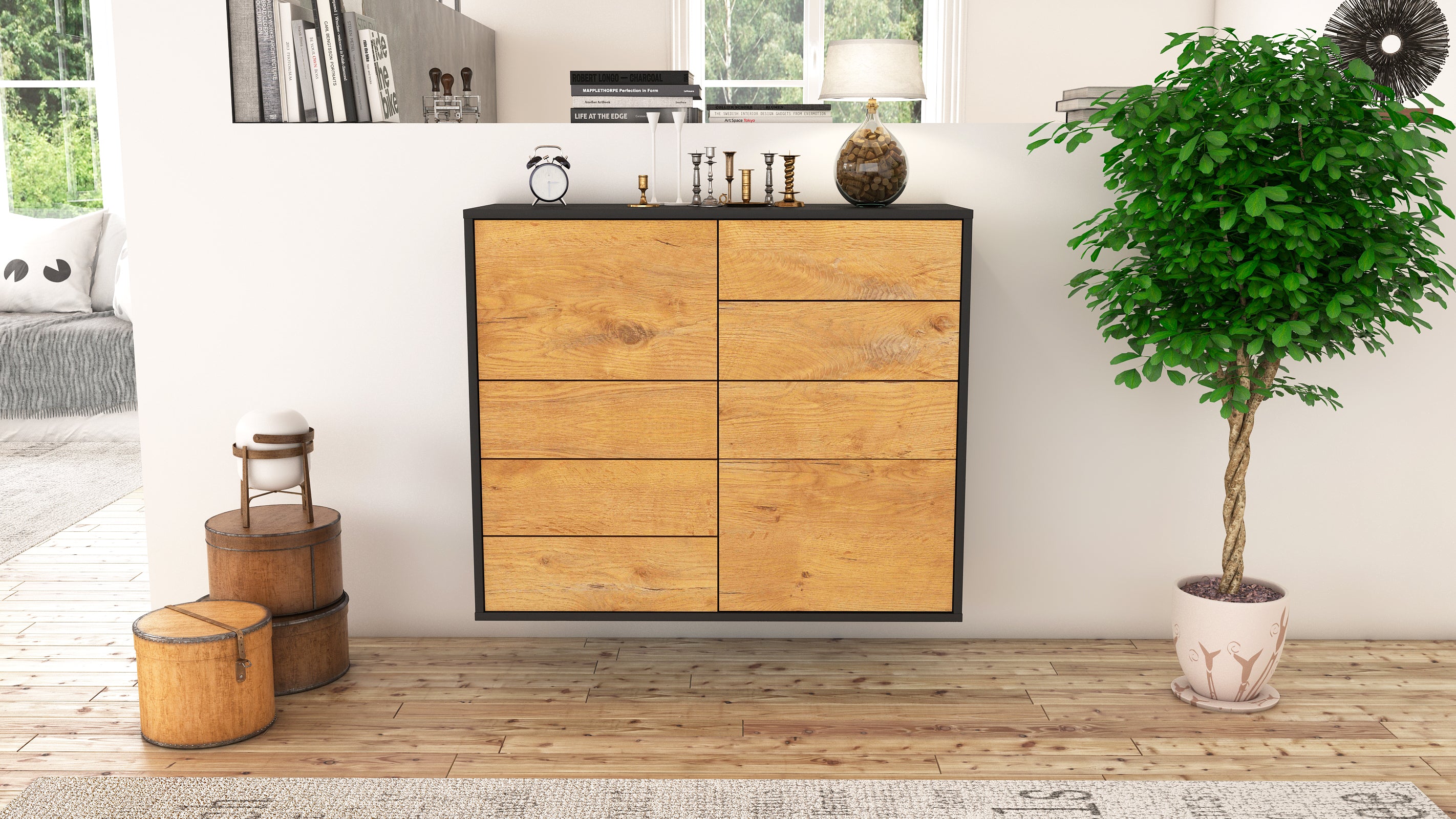 Sideboard - Clarissa - Design Holzdekor - Wandmontiert mit Push to open  92 cm Anthrazit