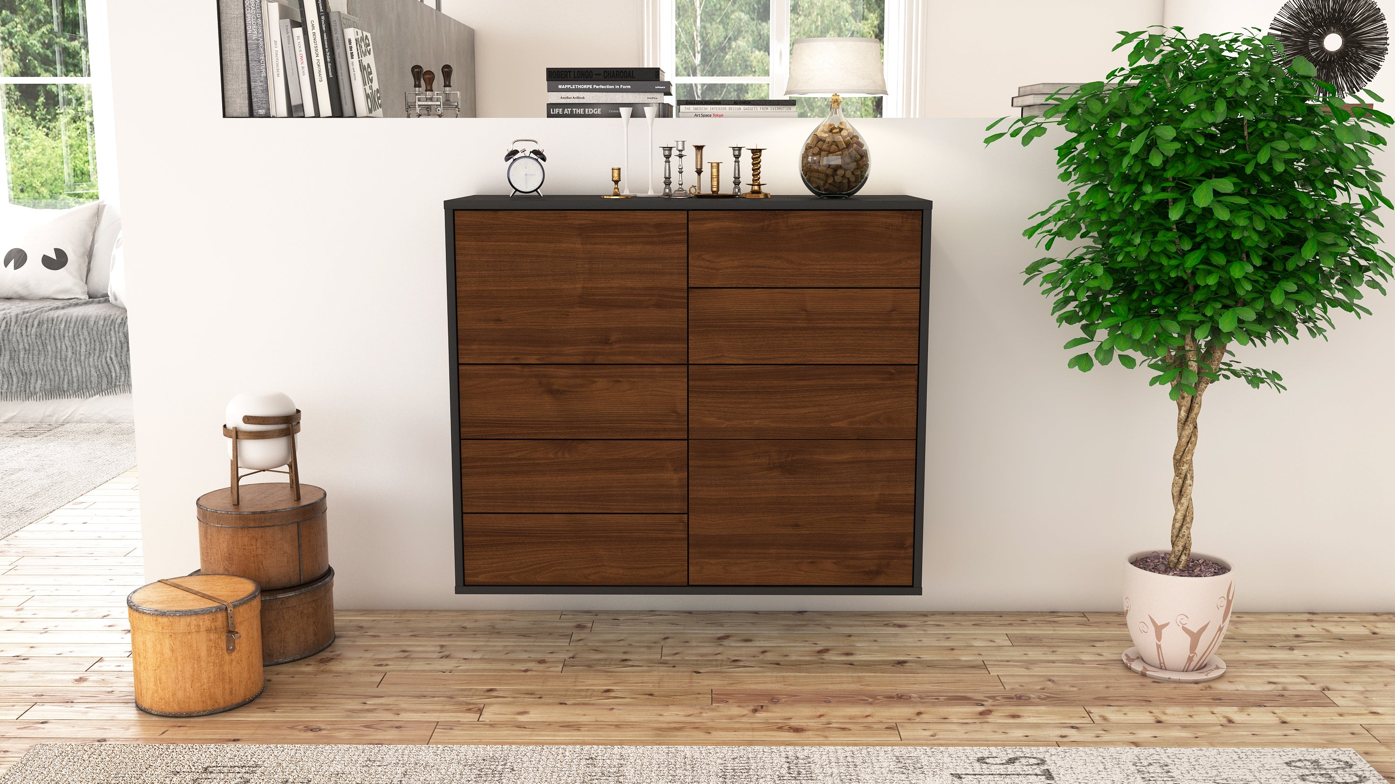 Sideboard - Clarissa - Design Holzdekor - Wandmontiert mit Push to open  92 cm Anthrazit