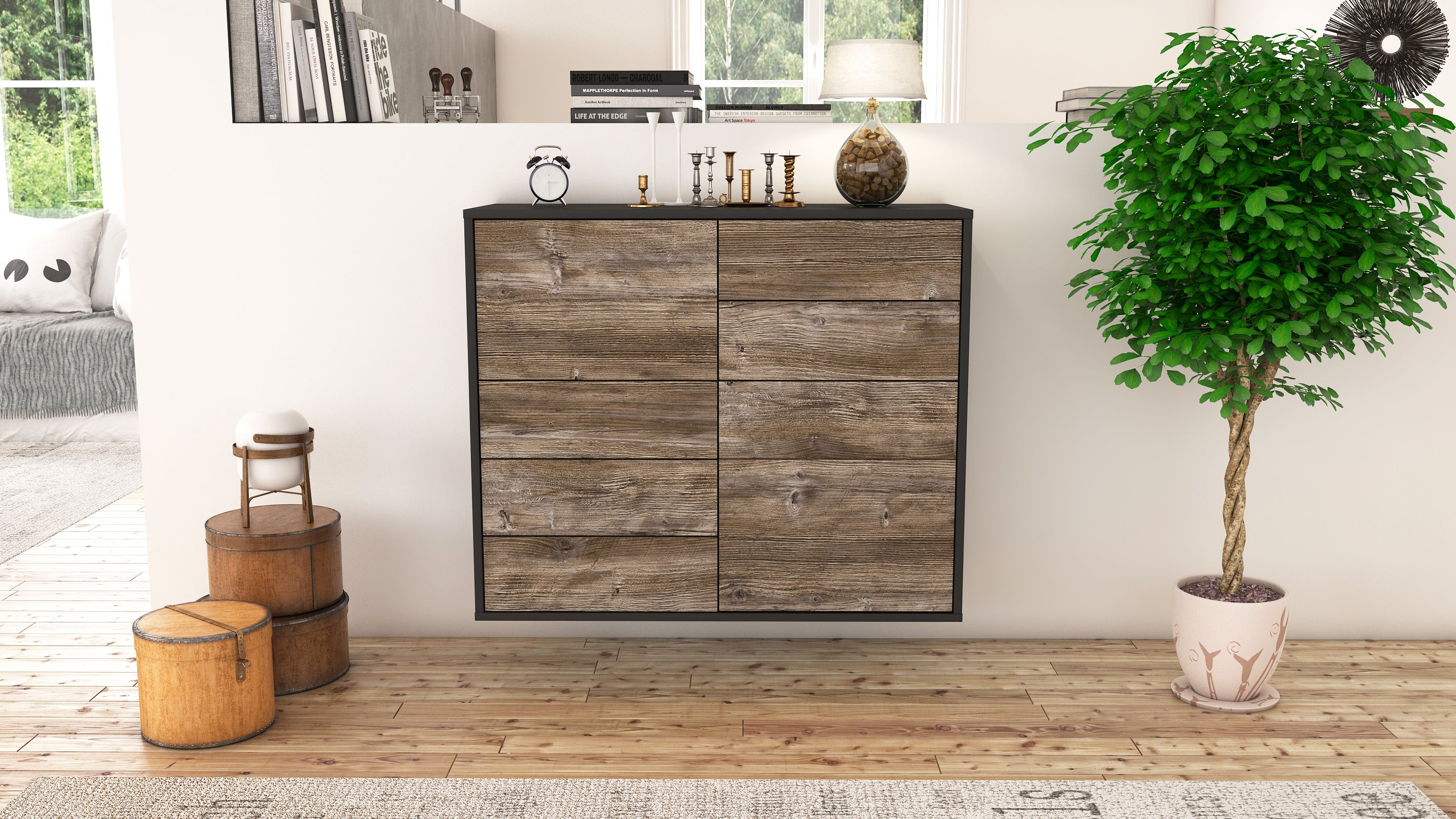 Sideboard - Clarissa - Design Holzdekor - Wandmontiert mit Push to open  92 cm Anthrazit
