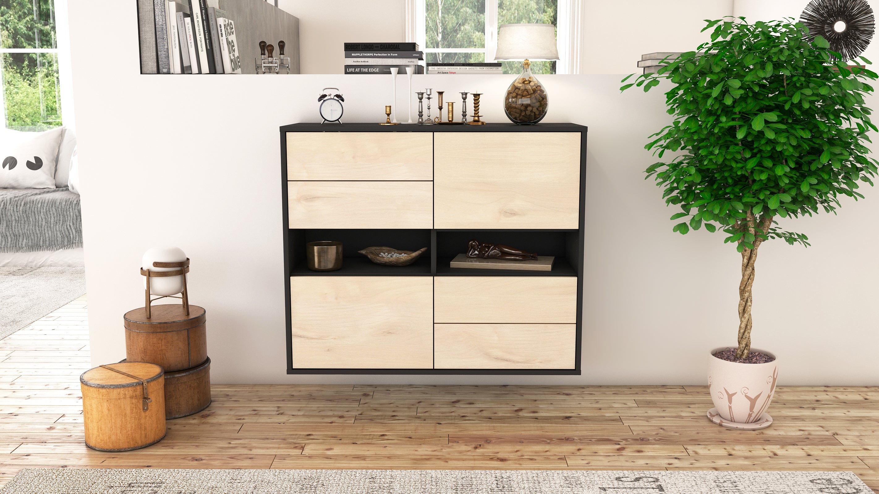 Sideboard - Claudia - Design Holzdekor - Wandmontiert mit Push to open  92 cm Anthrazit