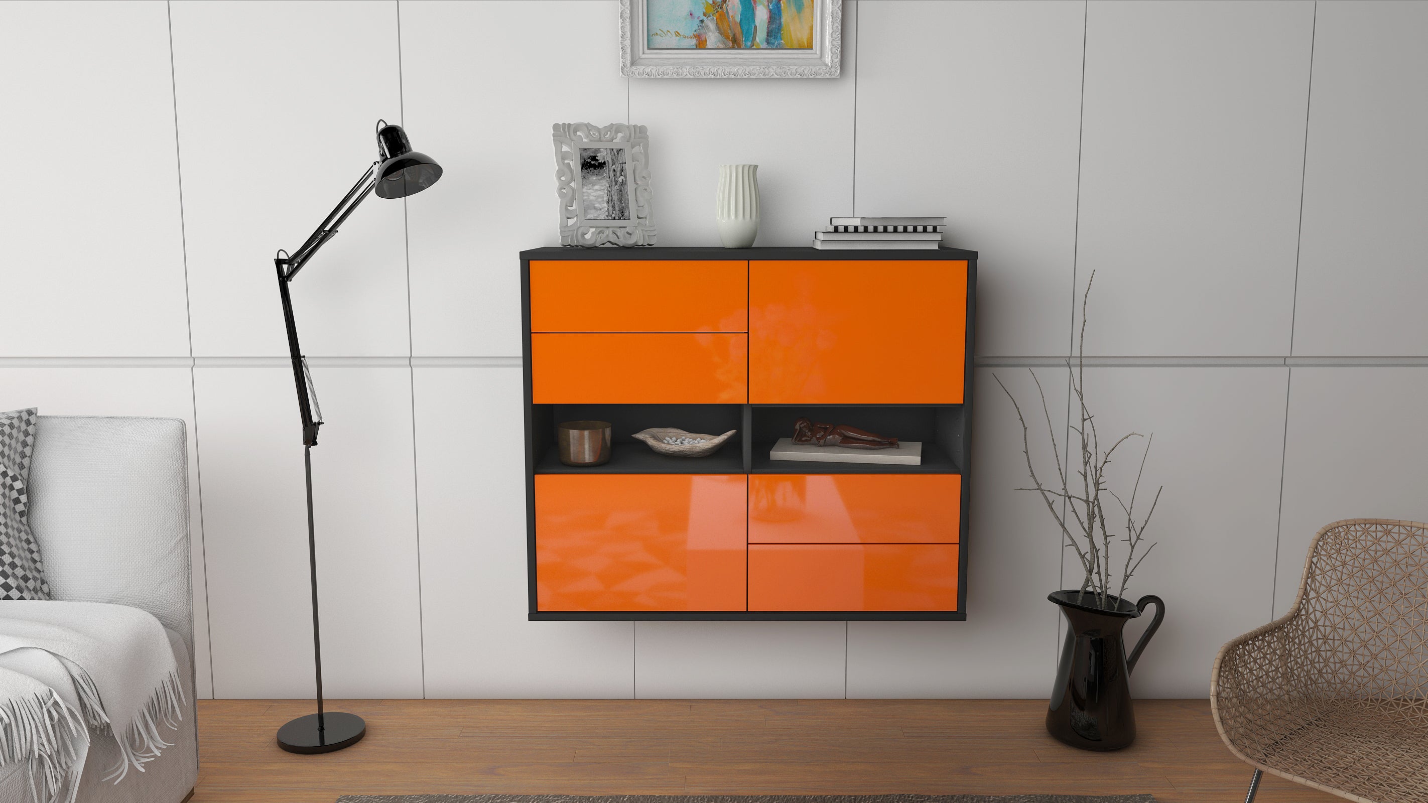 Sideboard - Claudia - Design Hochglanz - Wandmontiert mit Push to open  92 cm Anthrazit