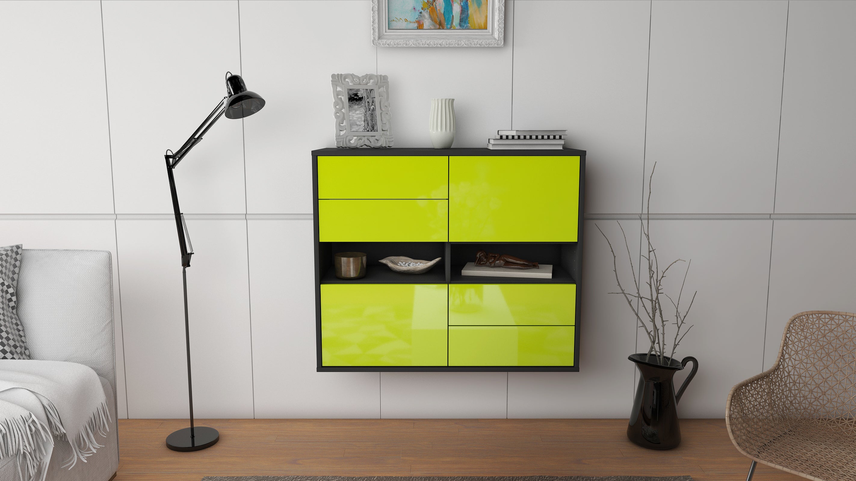 Sideboard - Claudia - Design Hochglanz - Wandmontiert mit Push to open  92 cm Anthrazit