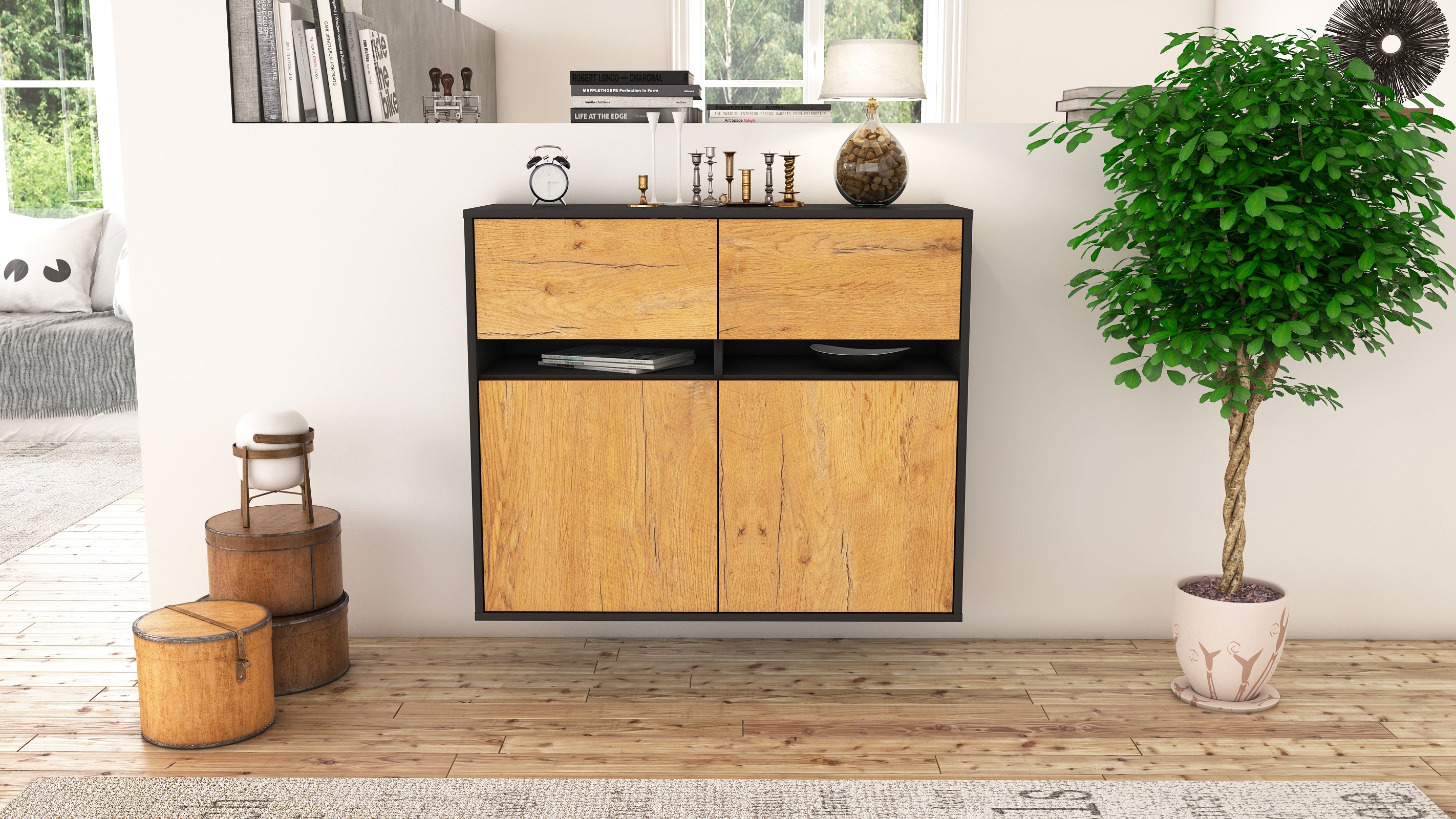 Sideboard - Clea - Design Holzdekor - Wandmontiert mit Push to open  92 cm Anthrazit