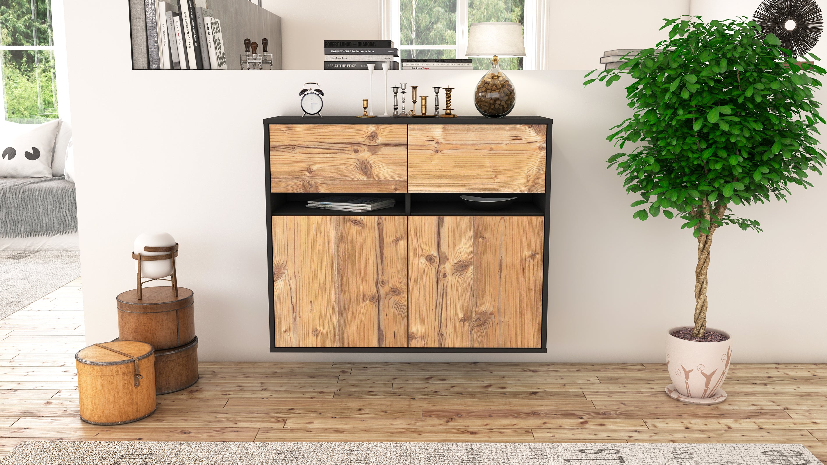 Sideboard - Clea - Design Holzdekor - Wandmontiert mit Push to open  92 cm Anthrazit