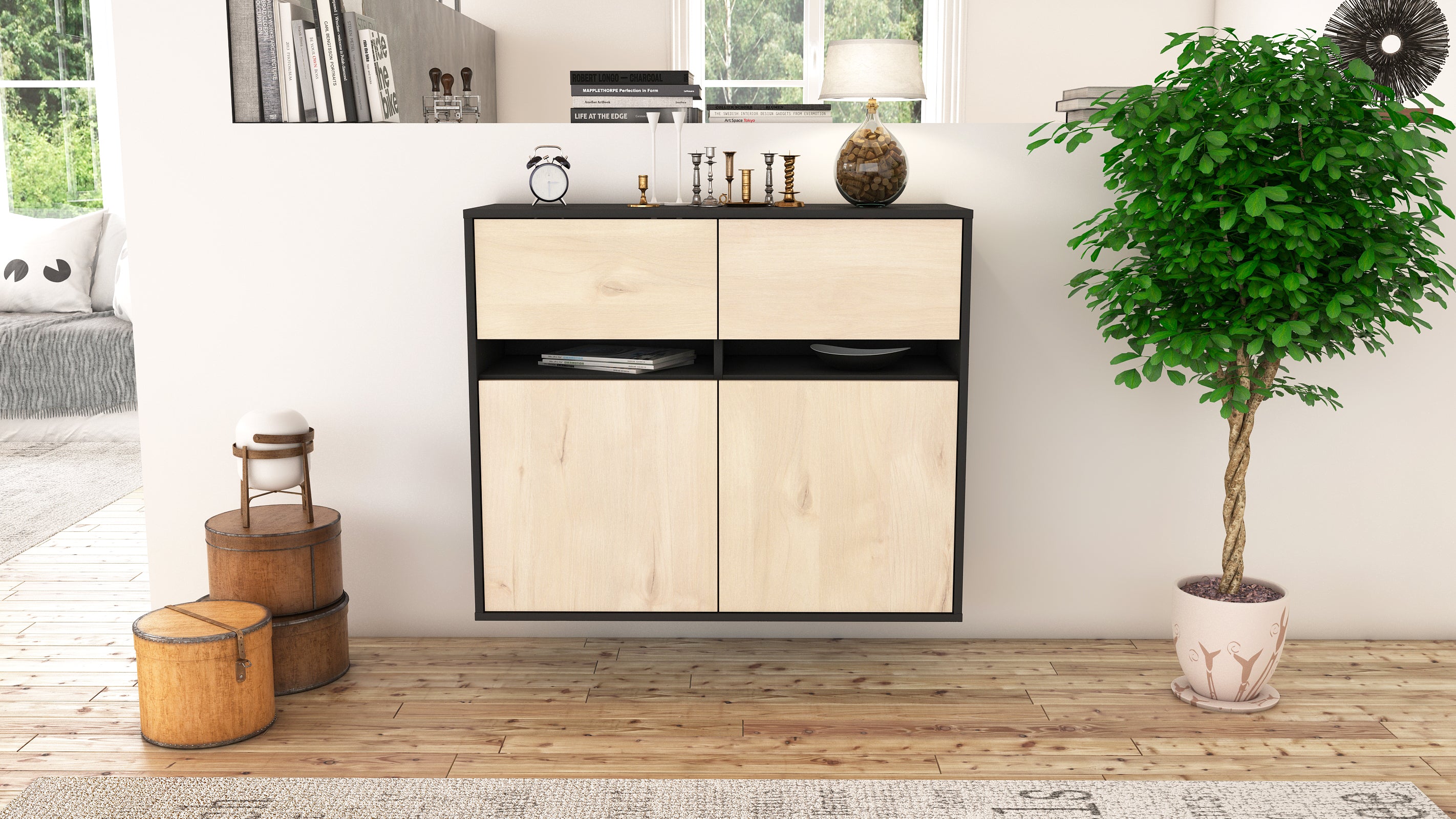 Sideboard - Clea - Design Holzdekor - Wandmontiert mit Push to open  92 cm Anthrazit