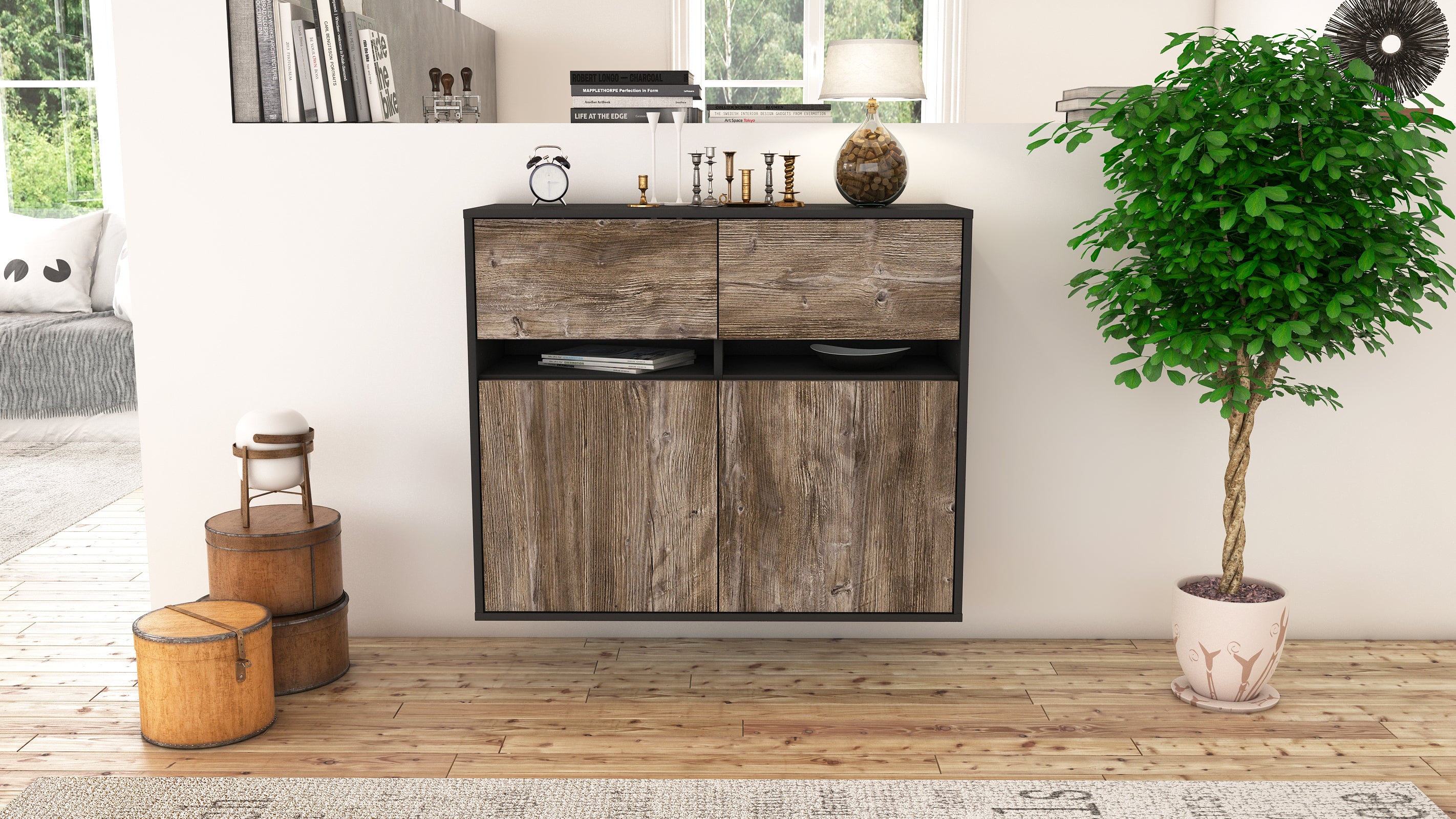 Sideboard - Clea - Design Holzdekor - Wandmontiert mit Push to open  92 cm Anthrazit