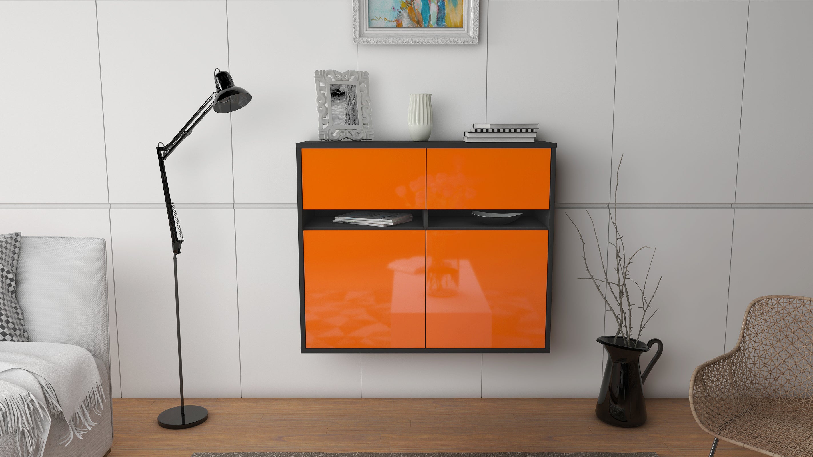 Sideboard - Clea - Design Hochglanz - Wandmontiert mit Push to open  92 cm Anthrazit