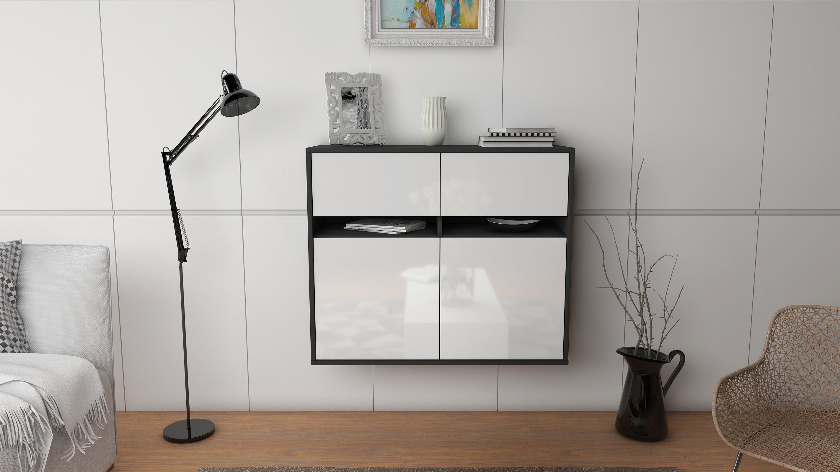 Sideboard - Clea - Design Hochglanz - Wandmontiert mit Push to open  92 cm Anthrazit