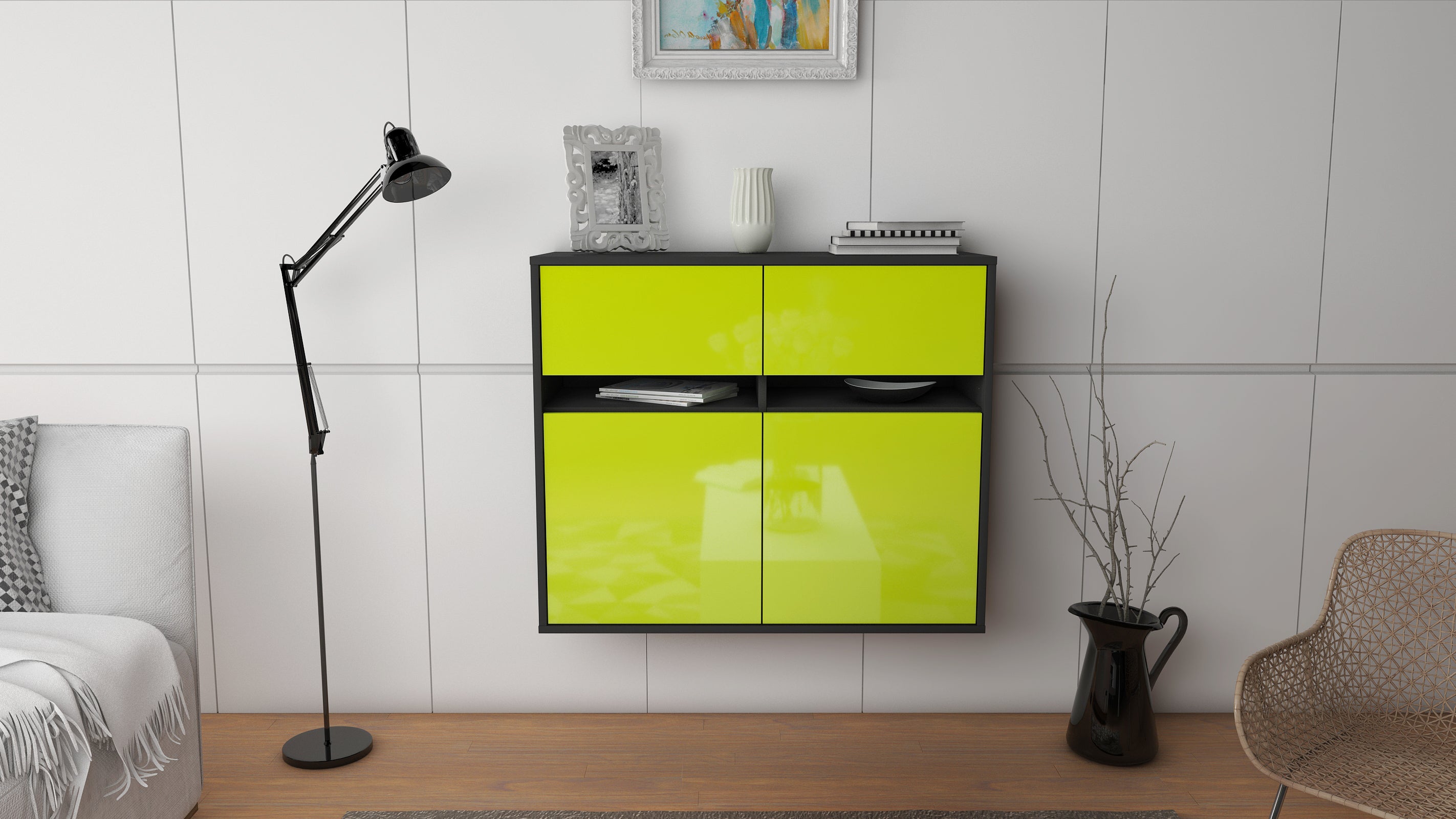 Sideboard - Clea - Design Hochglanz - Wandmontiert mit Push to open  92 cm Anthrazit