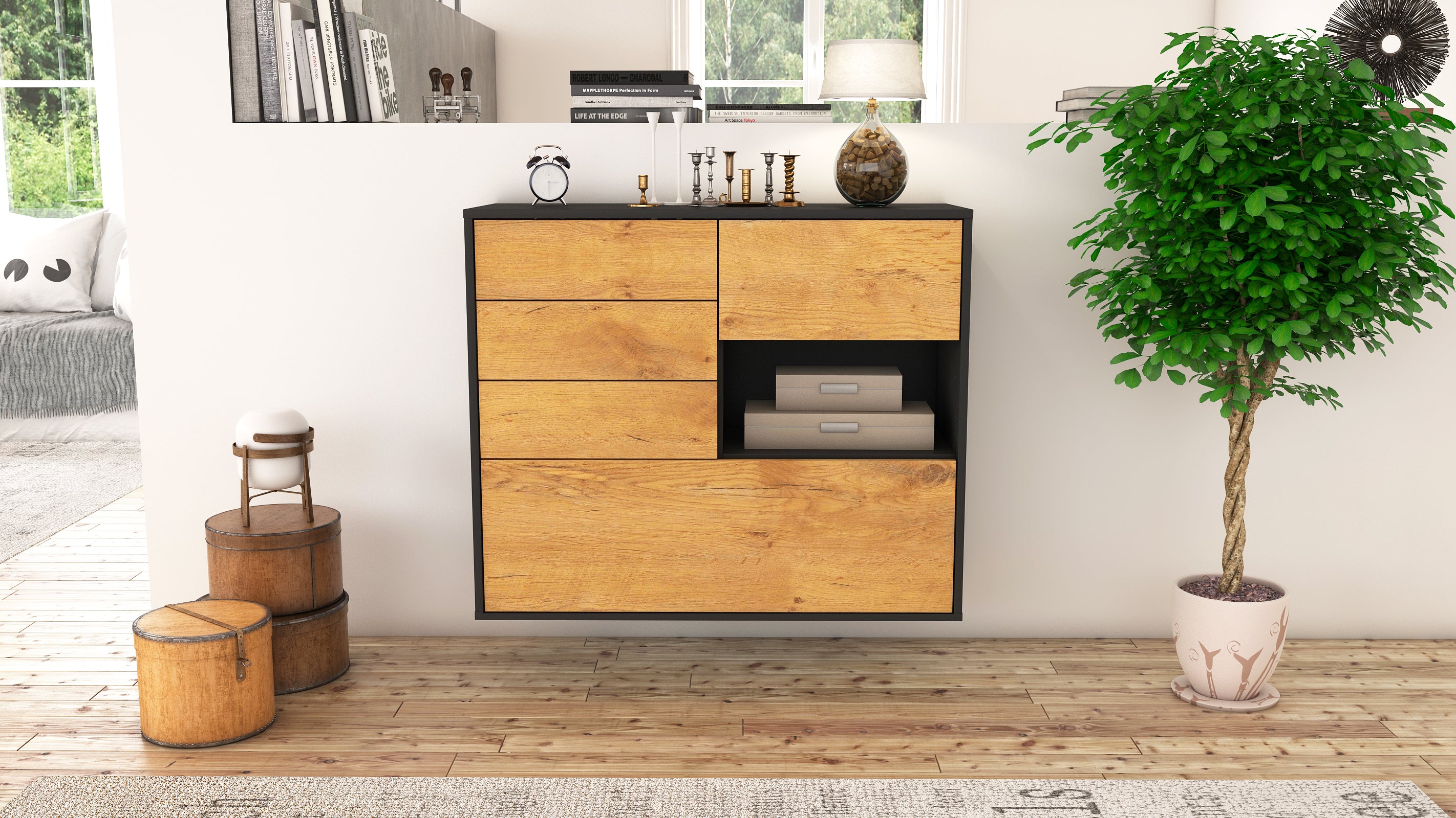 Sideboard - Coco - Design Holzdekor - Wandmontiert mit Push to open  92 cm Anthrazit