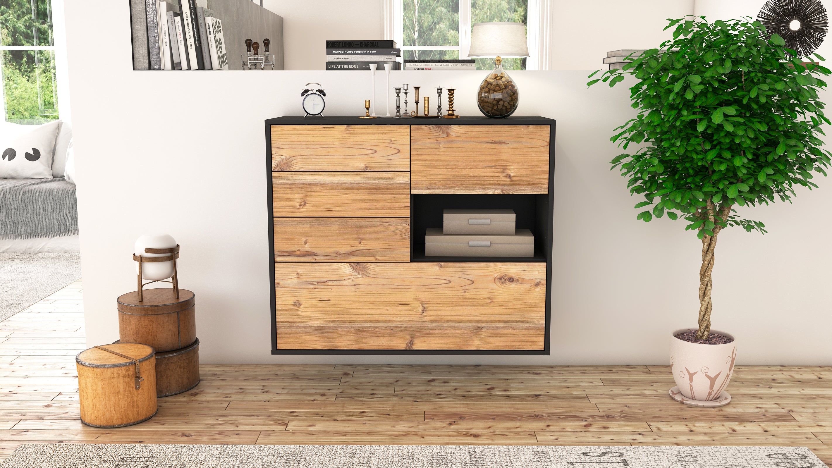 Sideboard - Coco - Design Holzdekor - Wandmontiert mit Push to open  92 cm Anthrazit