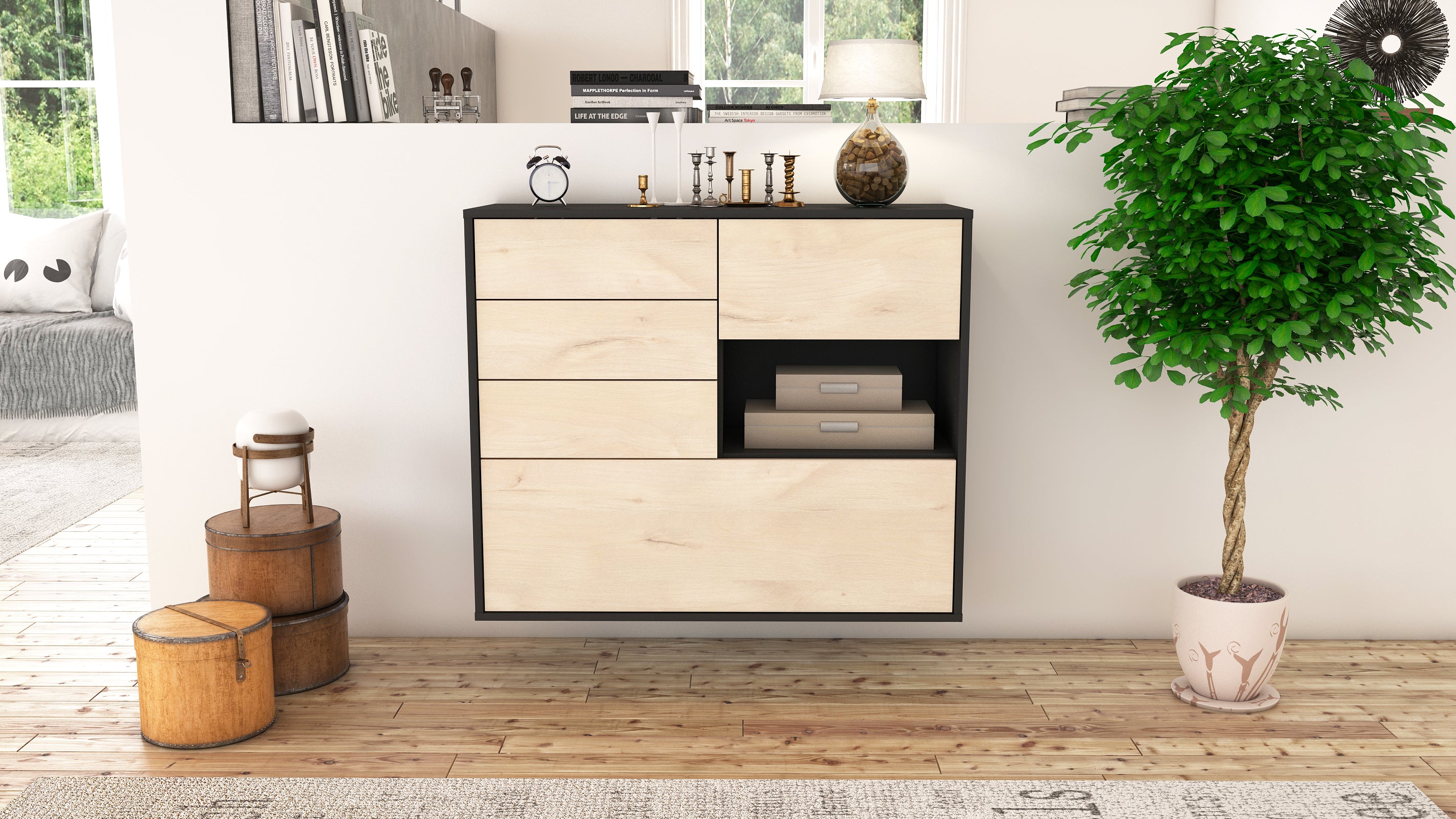 Sideboard - Coco - Design Holzdekor - Wandmontiert mit Push to open  92 cm Anthrazit