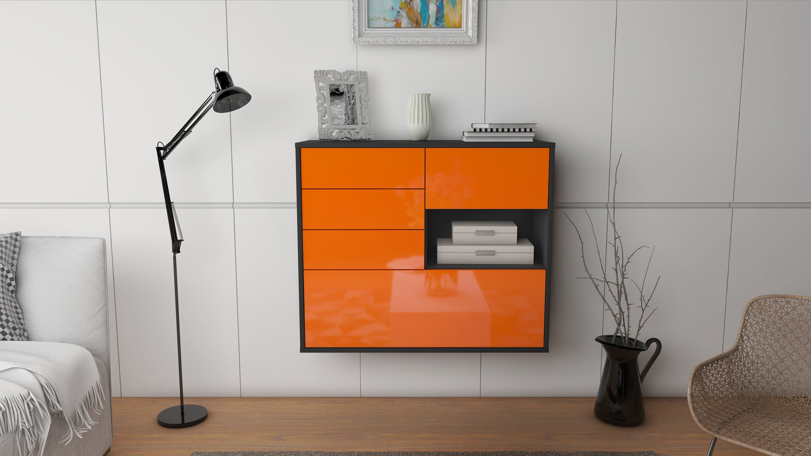 Sideboard - Coco - Design Hochglanz - Wandmontiert mit Push to open  92 cm Anthrazit