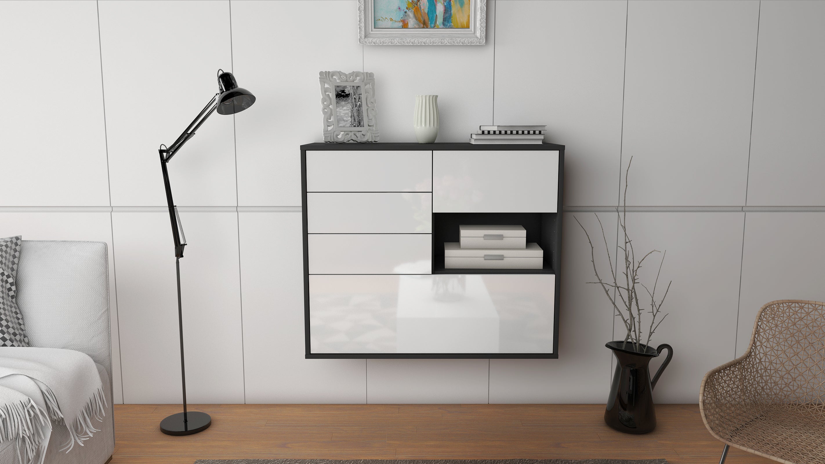 Sideboard - Coco - Design Hochglanz - Wandmontiert mit Push to open  92 cm Anthrazit