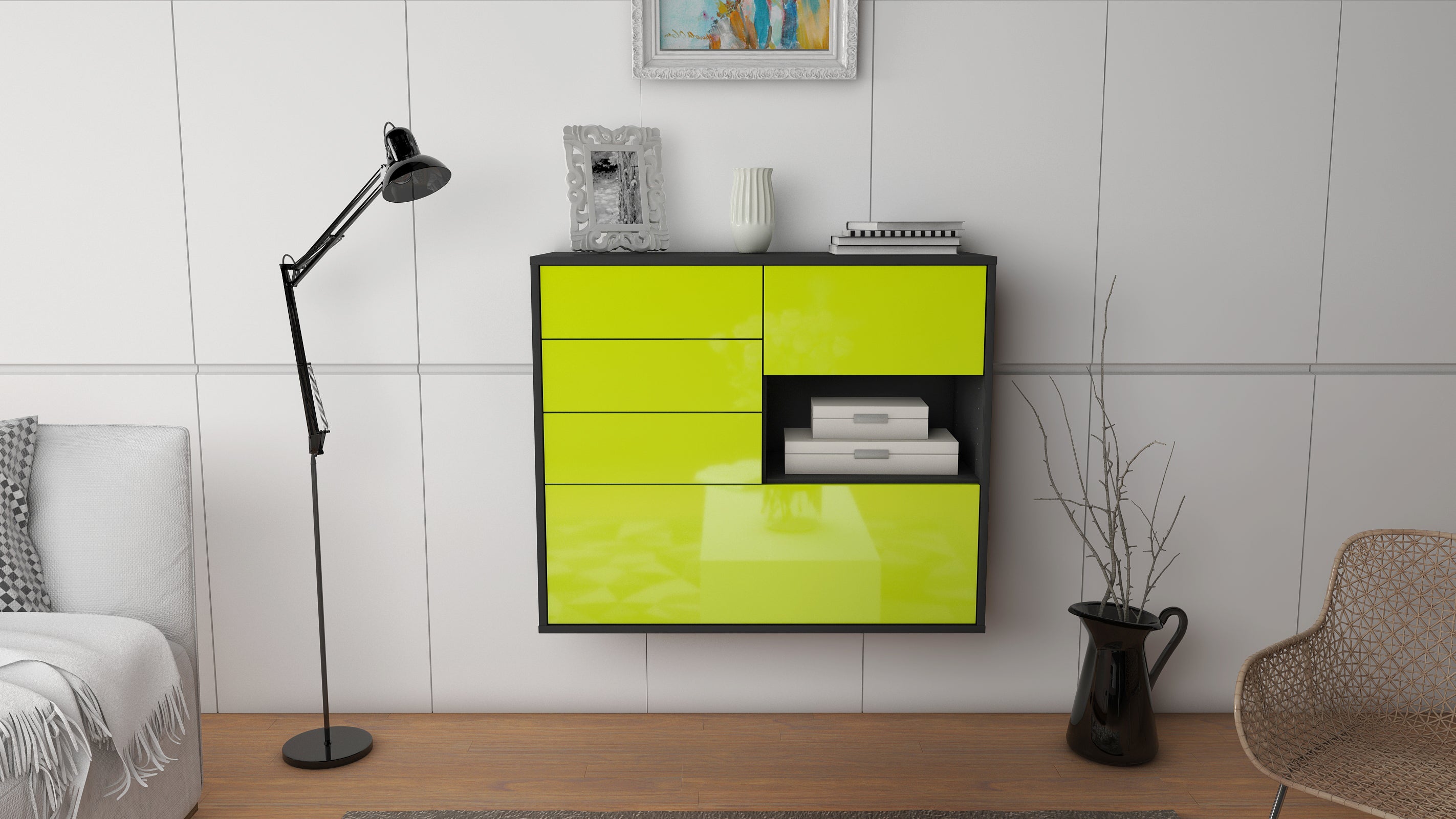 Sideboard - Coco - Design Hochglanz - Wandmontiert mit Push to open  92 cm Anthrazit