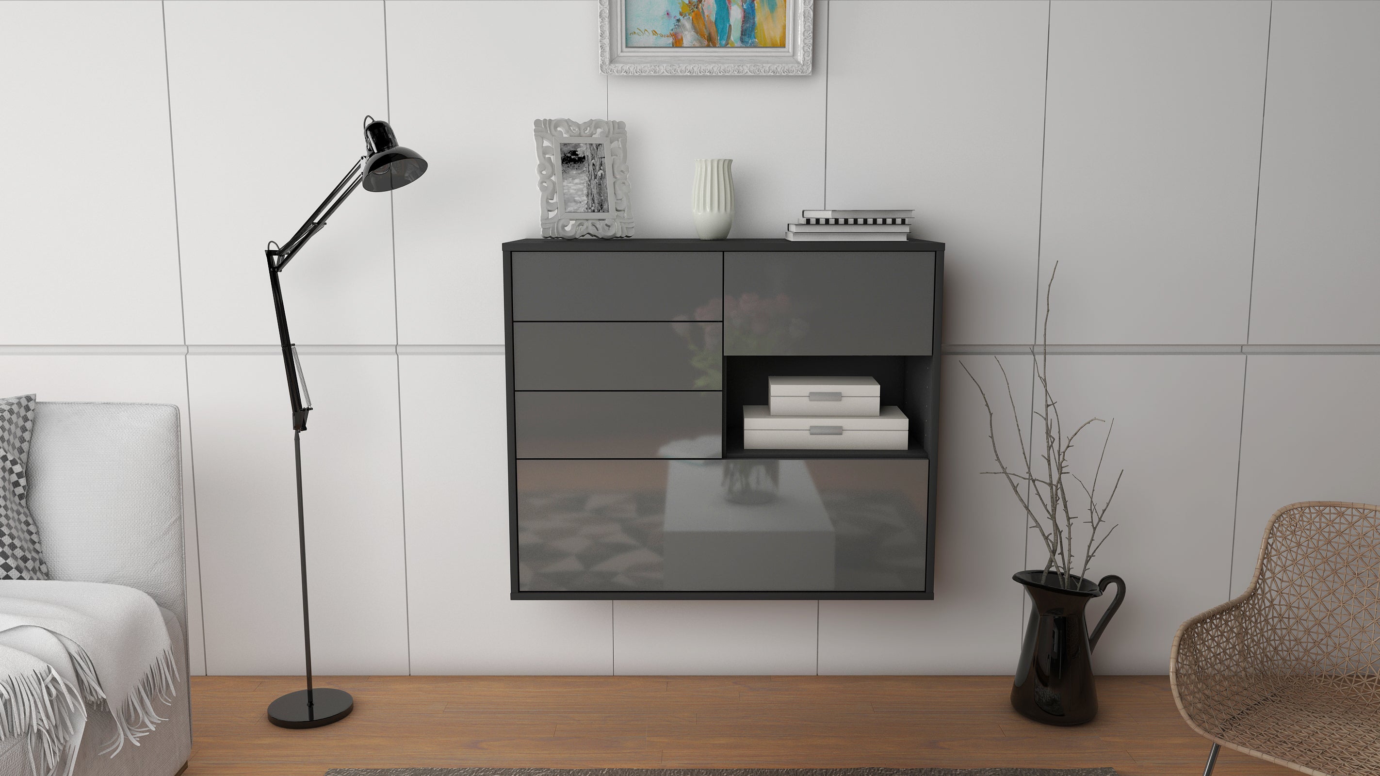 Sideboard - Coco - Design Hochglanz - Wandmontiert mit Push to open  92 cm Anthrazit