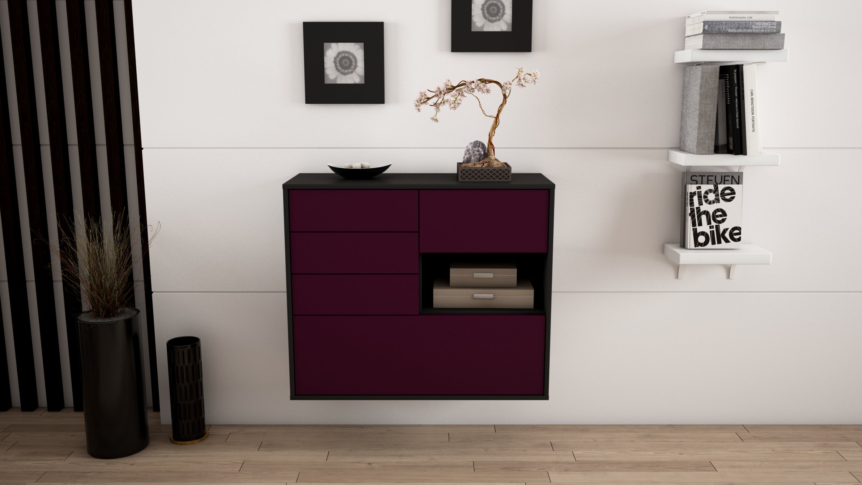 Sideboard - Coco - Design Farbakzent - Wandmontiert mit Push to open  92 cm Anthrazit