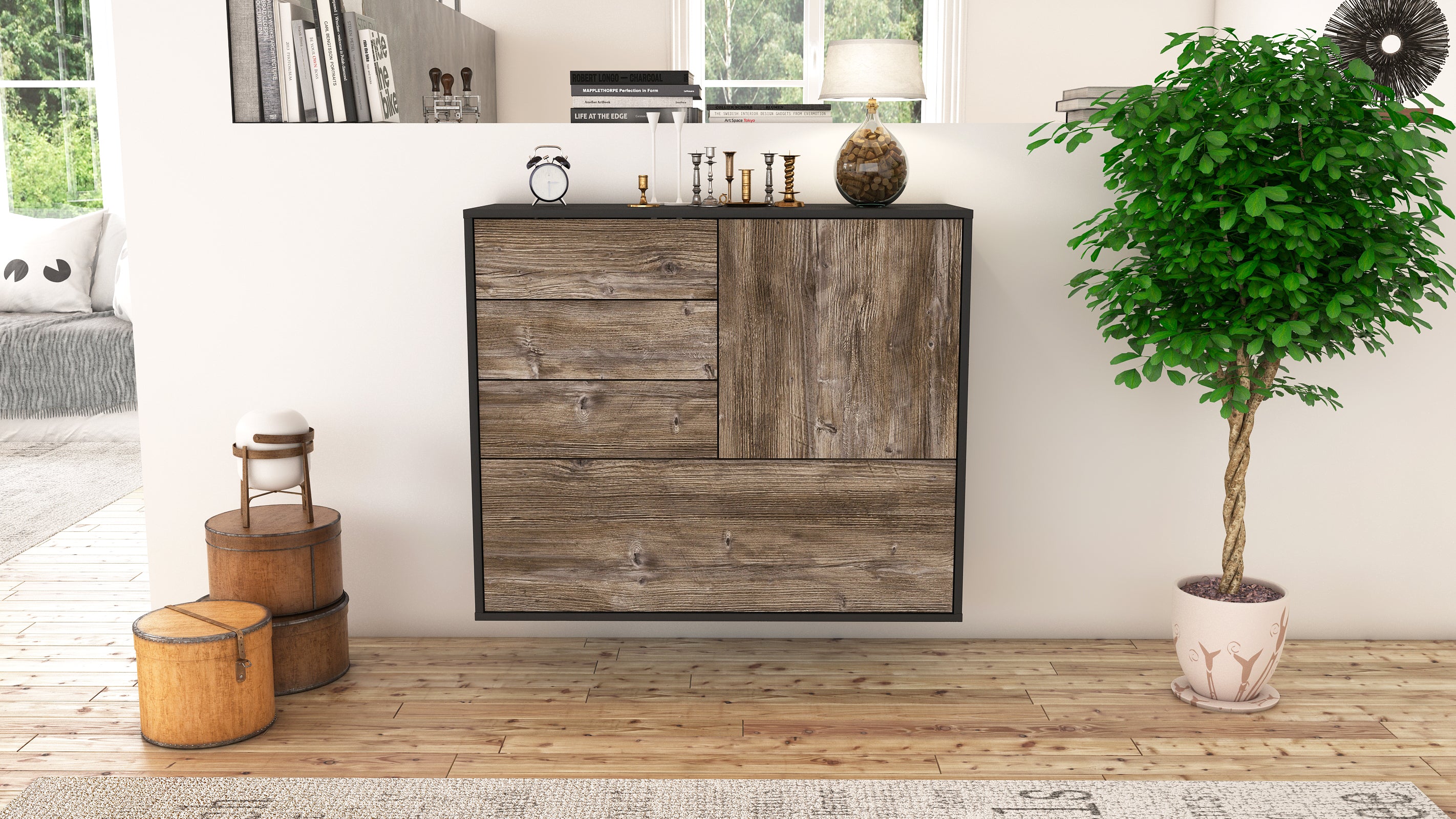 Sideboard - Corina - Design Holzdekor - Wandmontiert mit Push to open  92 cm Anthrazit