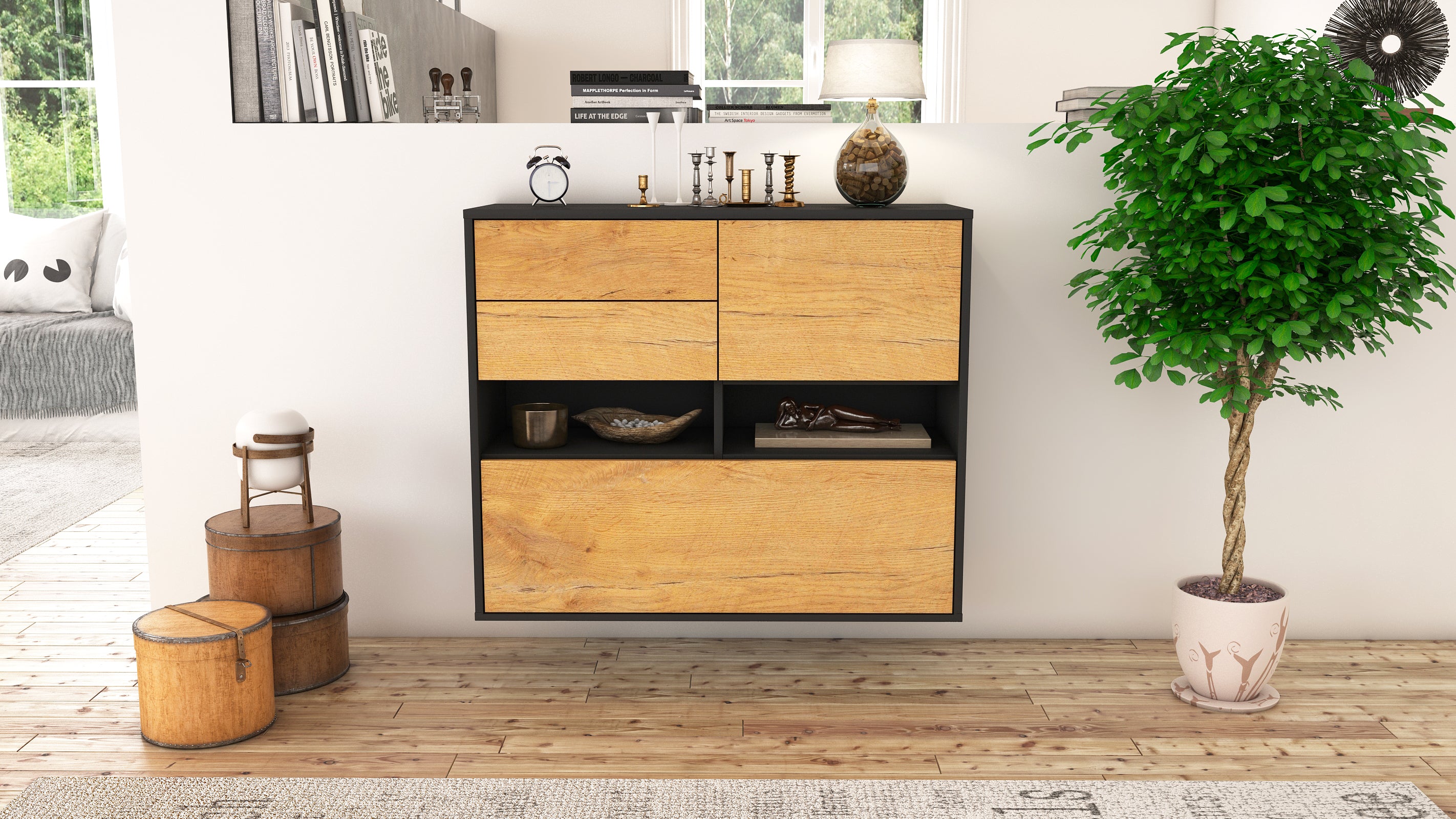 Sideboard - Cornelia - Design Holzdekor - Wandmontiert mit Push to open  92 cm Anthrazit